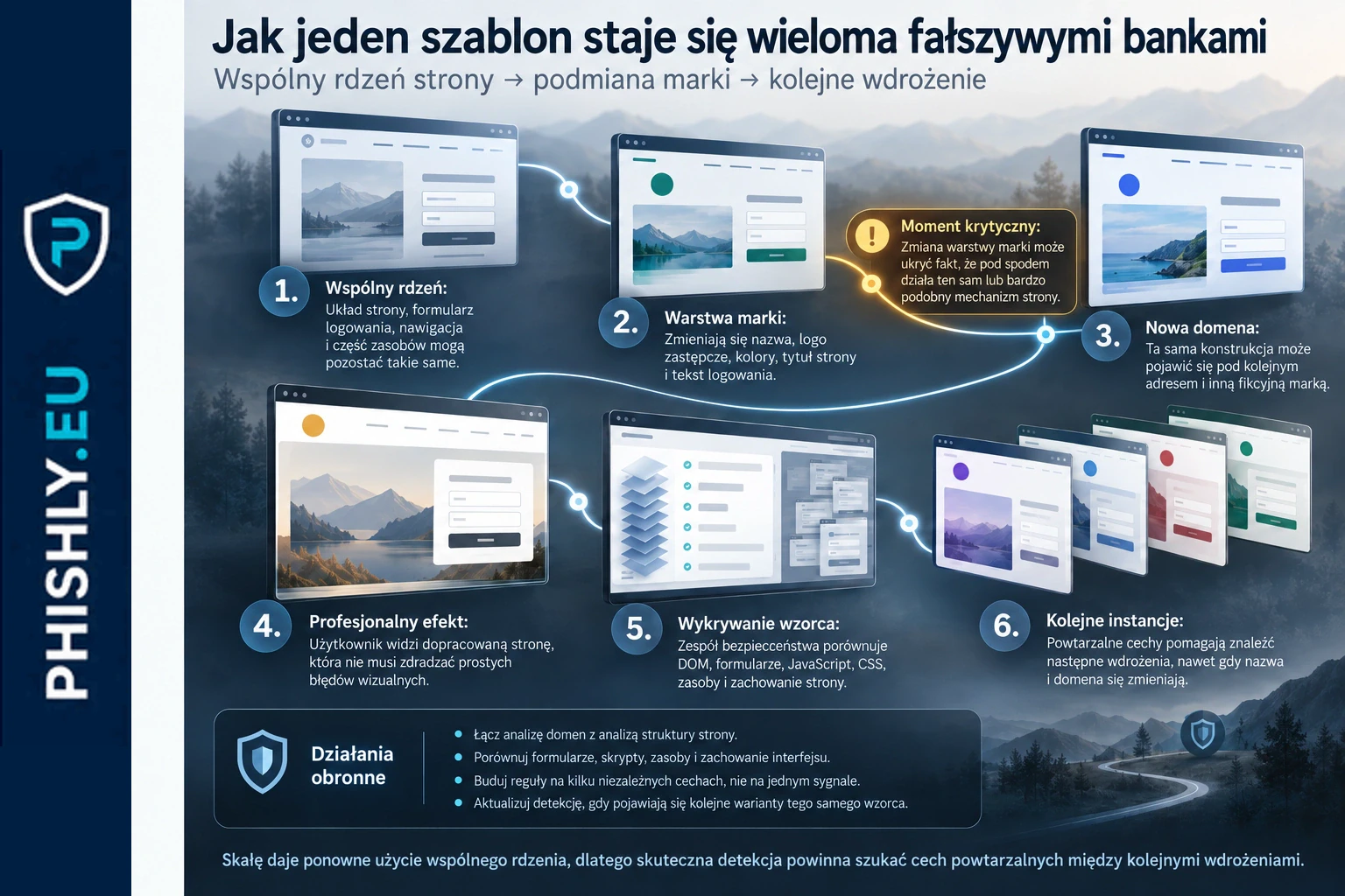 Schemat pokazujący, jak wspólny układ formularza i strony może być wielokrotnie używany po zmianie nazwy, kolorów i domeny fikcyjnego banku