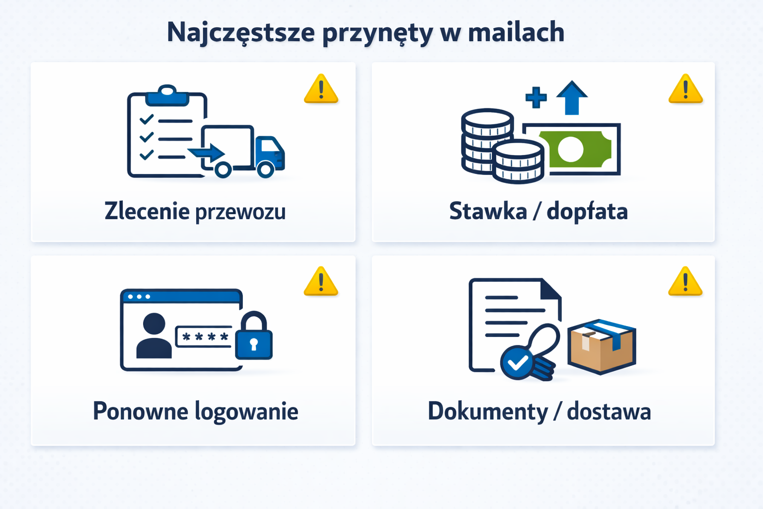 Częste schematy phishing w logistyce - diagram pokazujący różne metody ataków na pracowników sektora transportu i spedycji, w tym fałszywe wiadomości e-mail, klonowane portale logowania oraz spoofing nadawcy