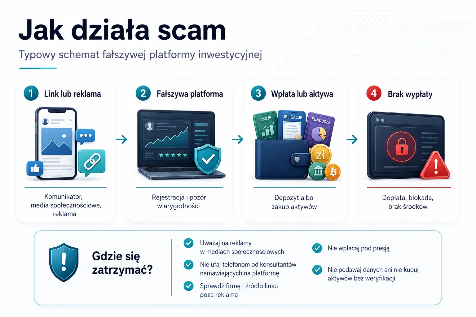 Schemat pokazujący typowy przebieg fałszywej platformy inwestycyjnej: link lub reklama, fałszywa platforma, wpłata lub aktywa oraz brak wypłaty.