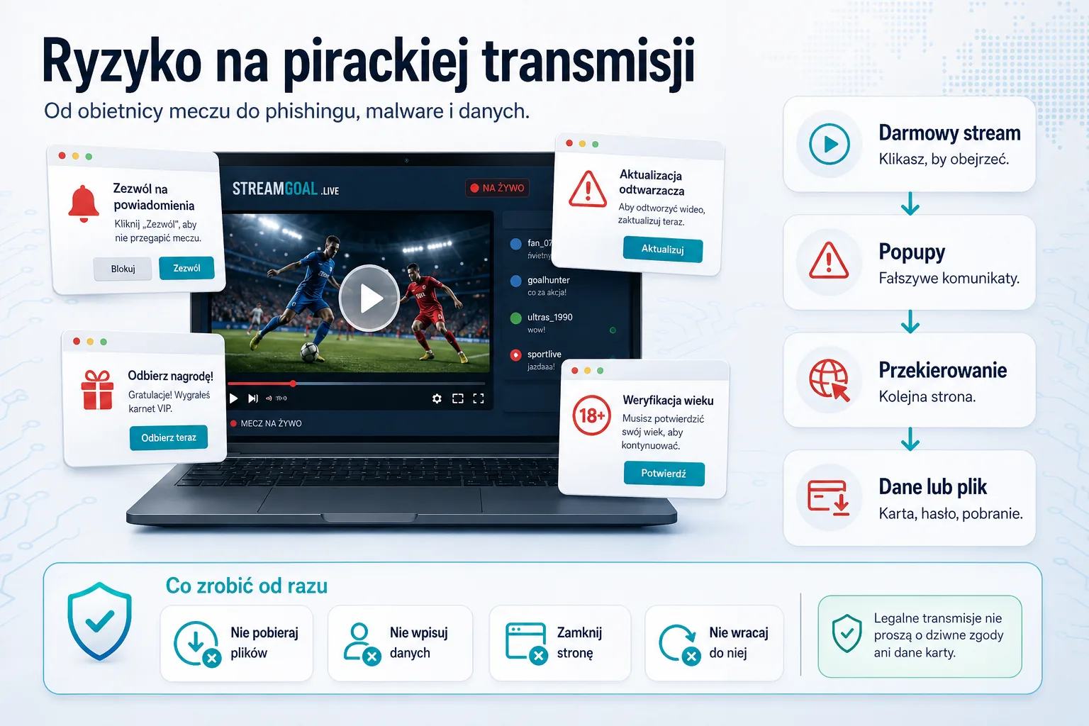 Schemat pokazujący przejście od obietnicy darmowego streamu przez popupy i przekierowania do danych, pliku oraz zgłoszenia do IT.