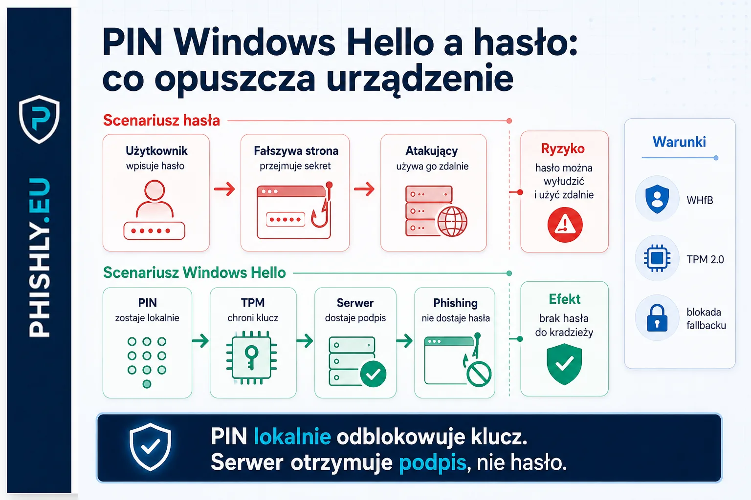 Schemat porównujący hasło wpisywane na stronie z PIN-em Windows Hello odblokowującym lokalny klucz w urządzeniu