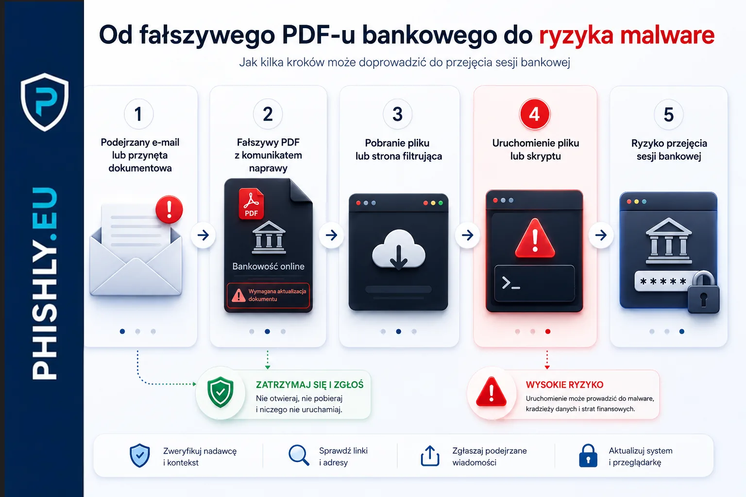 Schemat pokazujący przejście od fałszywego PDF-a przez stronę filtrującą do malware obserwującego sesję bankową