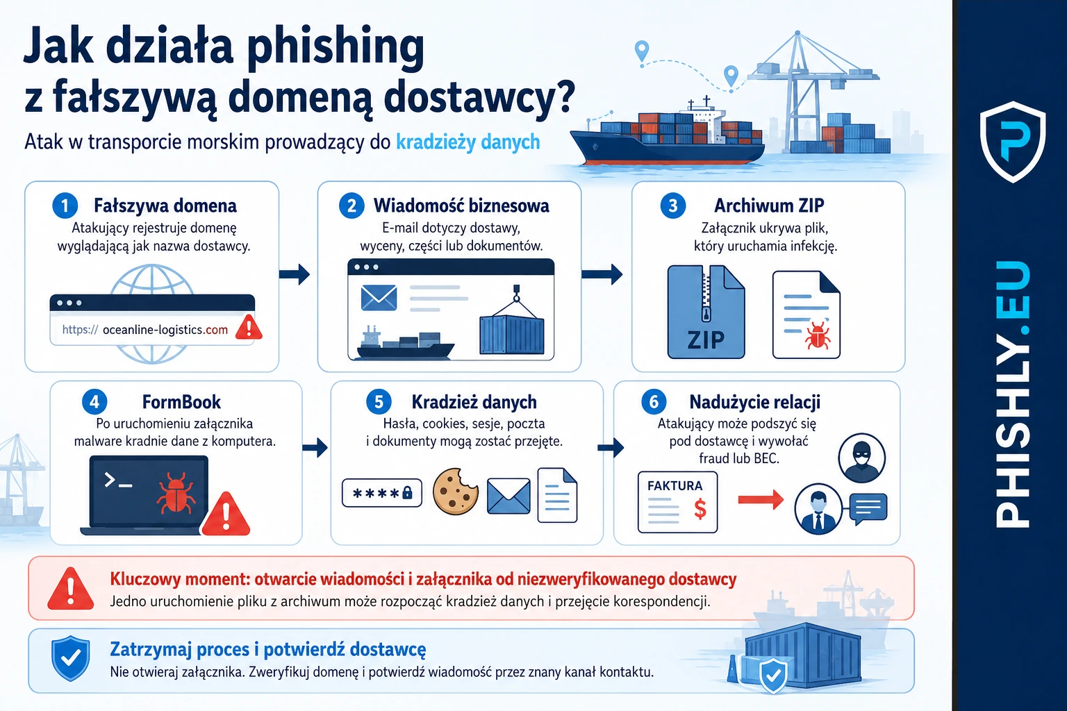 Schemat phishingu w transporcie morskim: fałszywa domena dostawcy, wiadomość, załącznik ZIP, FormBook i reakcja firmy