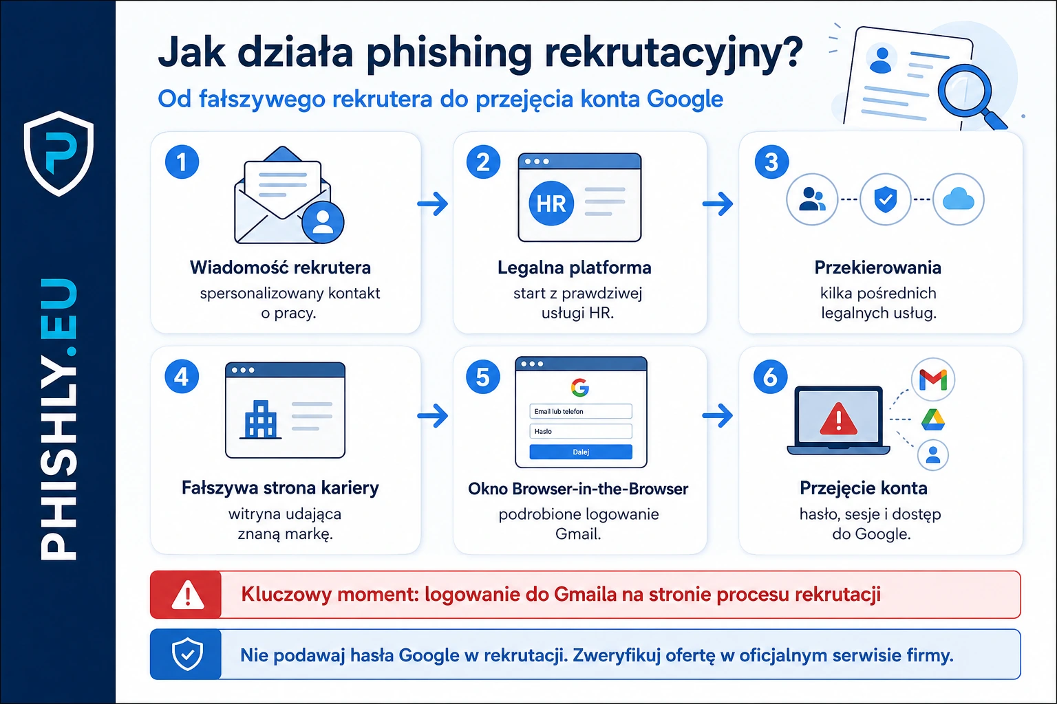 Proces od spersonalizowanej wiadomości rekrutera przez legalne przekierowania i fałszywą stronę kariery do podrobionego logowania Google