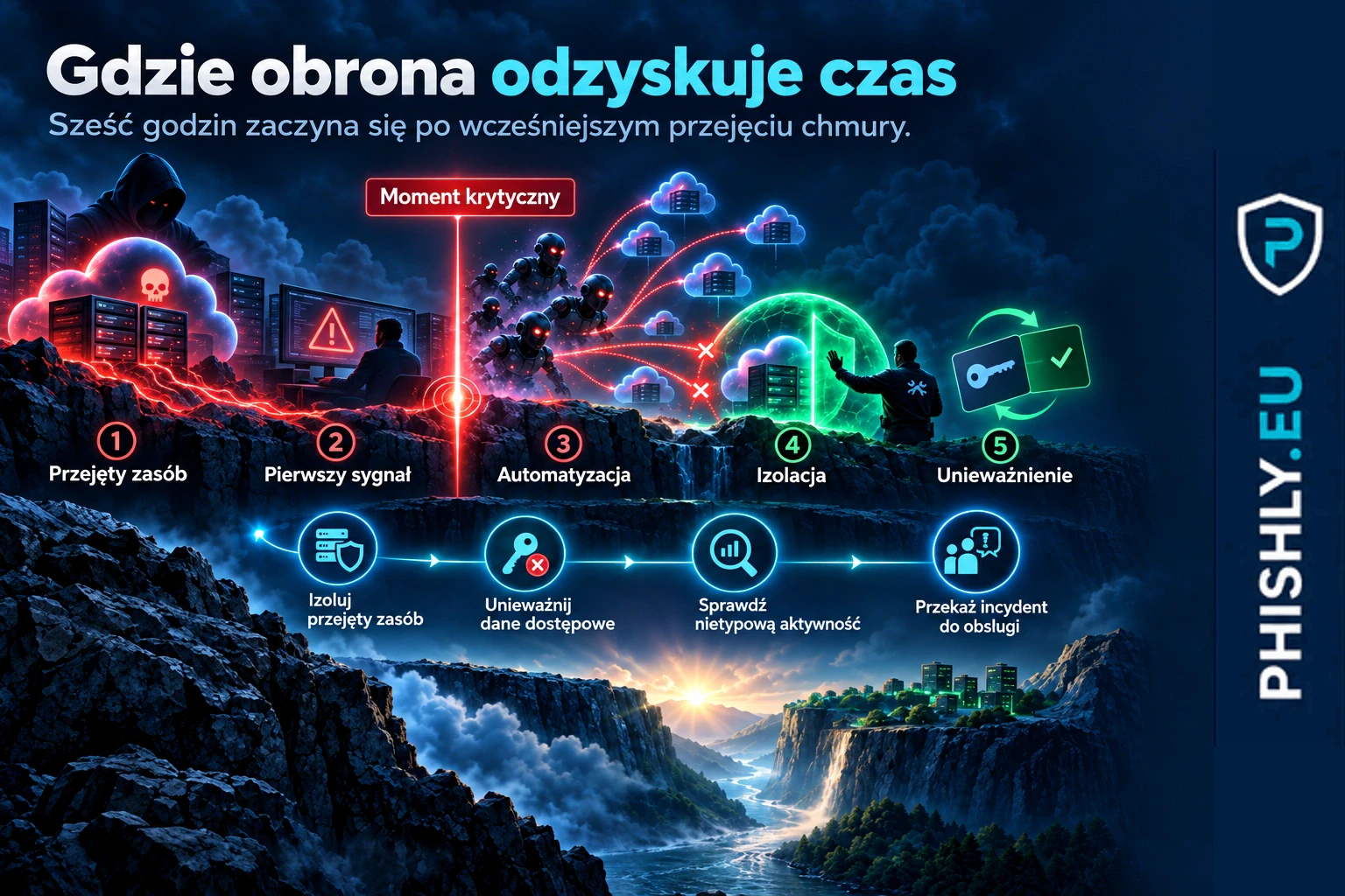 Schemat pokazujący przejście od przejętego zasobu chmurowego do szybkiej automatyzacji oraz punkty, w których obrona może przerwać dalsze działania