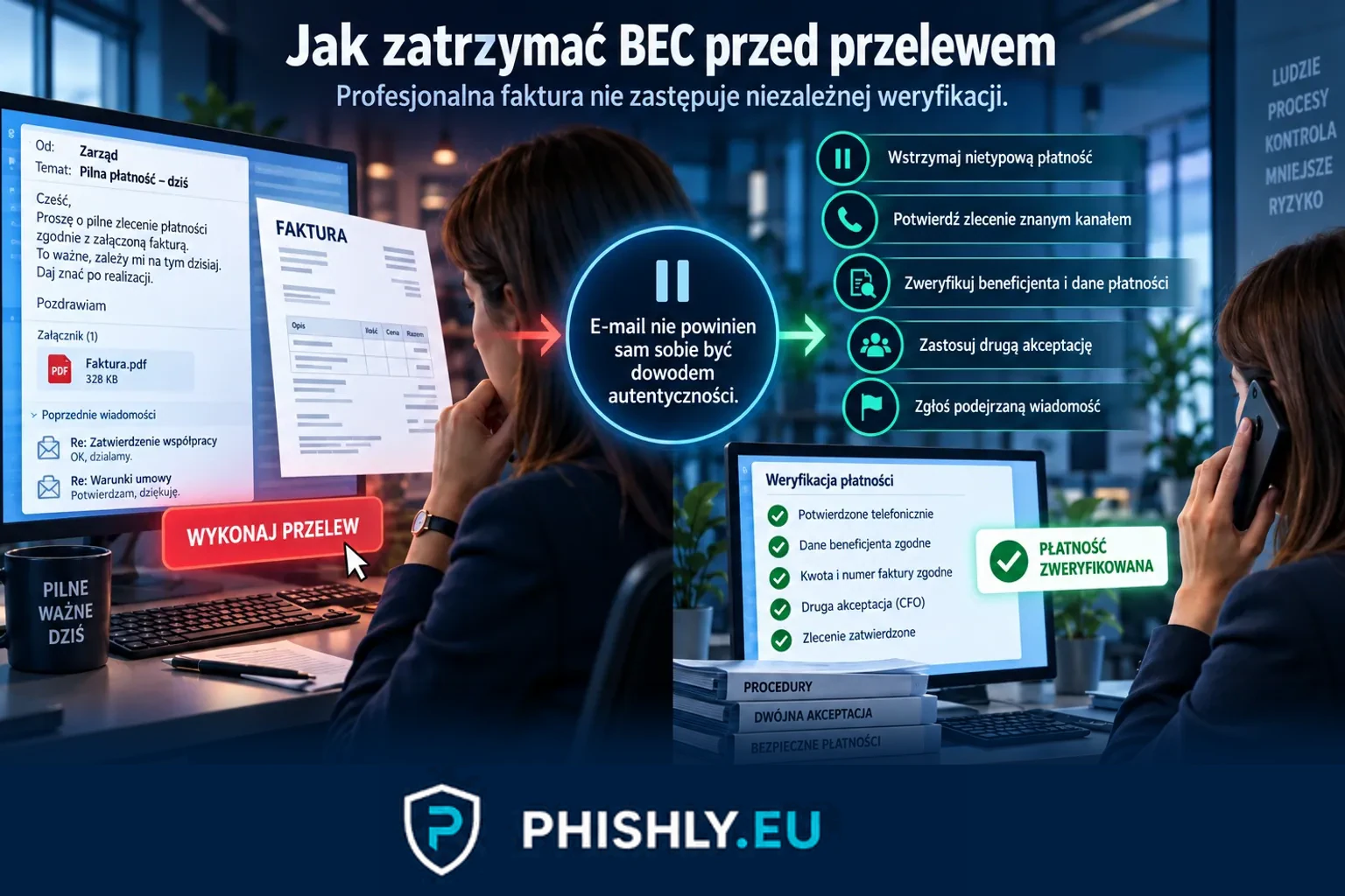 Schemat pokazujący, jak podszywanie się pod zarząd, fałszywa faktura i sfabrykowany wątek prowadzą do decyzji o przelewie i niezależnej weryfikacji
