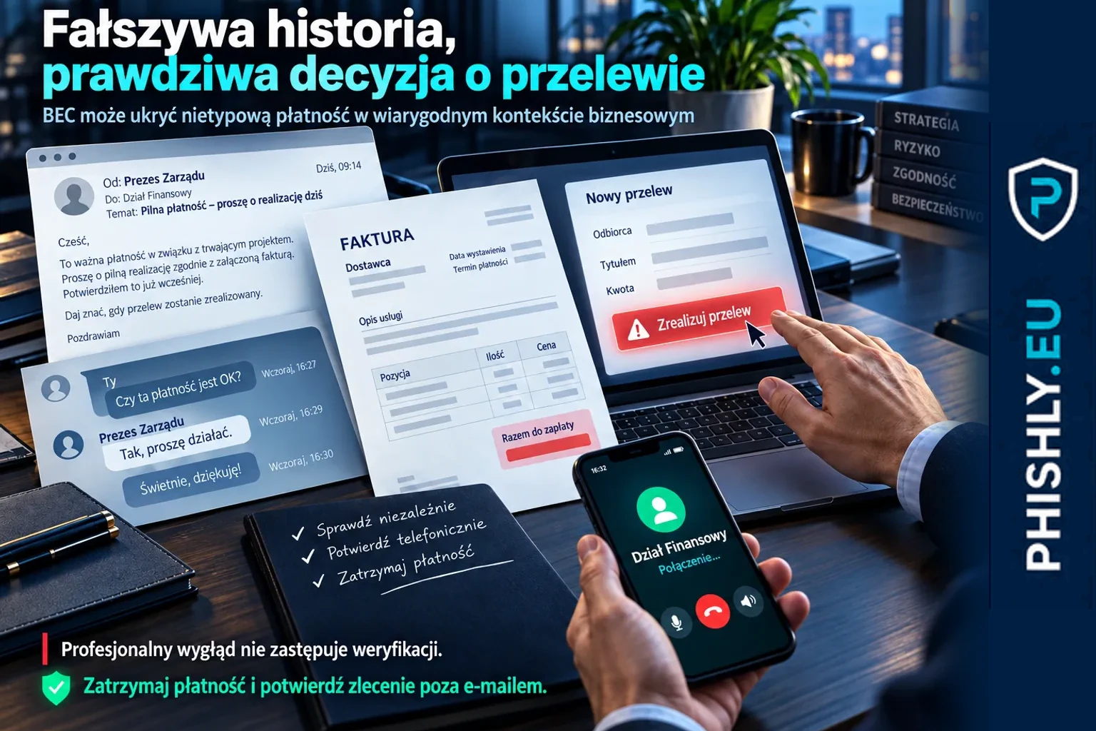 Fałszywa wiadomość od członka zarządu łączy spreparowaną fakturę i sfabrykowany wątek korespondencji z próbą zlecenia przelewu