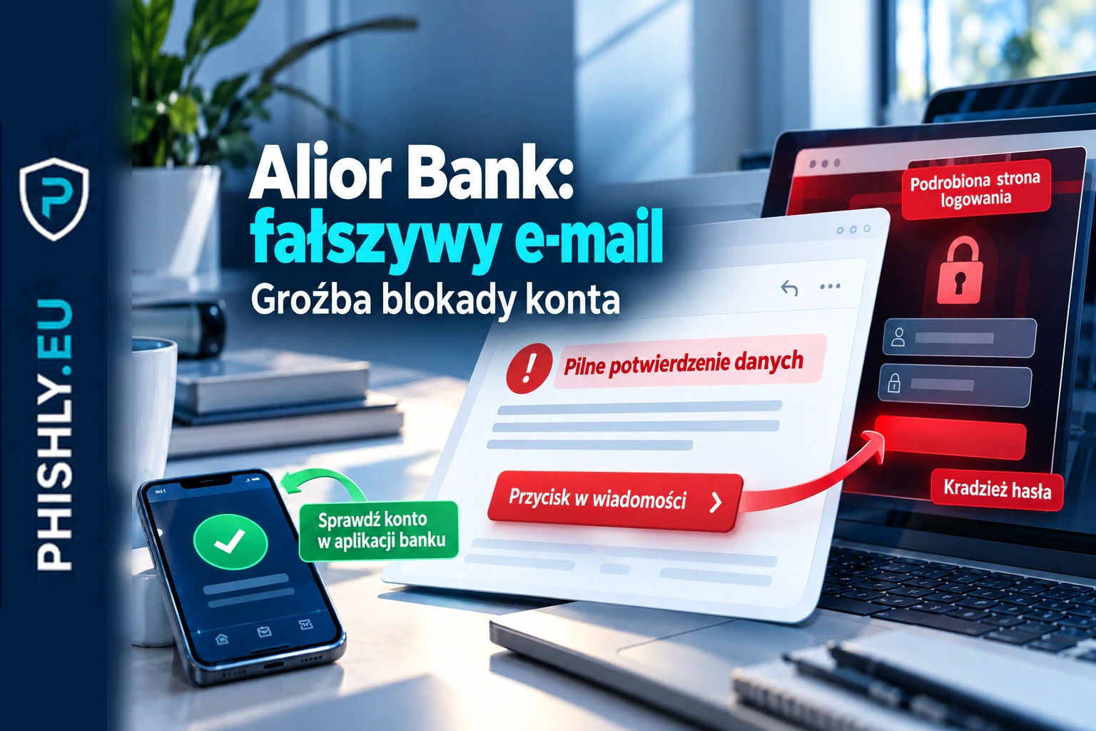 E-mail przypominający powiadomienie Alior Banku o pilnym potwierdzeniu danych, z wyróżnionym przyciskiem prowadzącym do podrobionej strony logowania