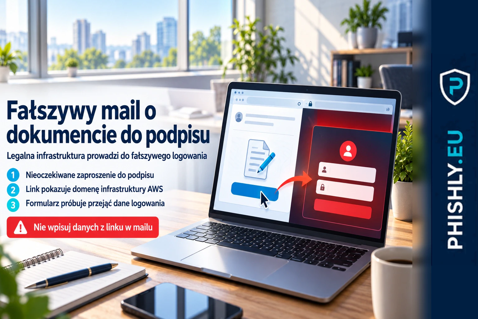 Nieoczekiwany e-mail o dokumencie do podpisu prowadzący do formularza logowania zamiast do oczekiwanego dokumentu