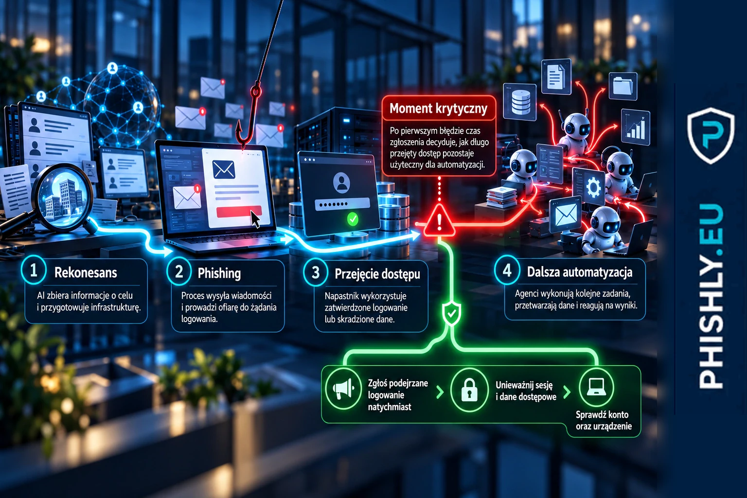 Schemat pokazujący, jak AI łączy rekonesans, phishing, przejęcie dostępu i dalszą automatyzację oraz gdzie szybkie zgłoszenie może przerwać łańcuch