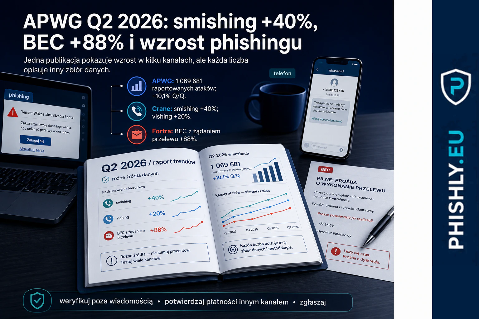 Zestawienie kanałów phishingu, smishingu i BEC analizowanych w raporcie APWG za Q2 2026