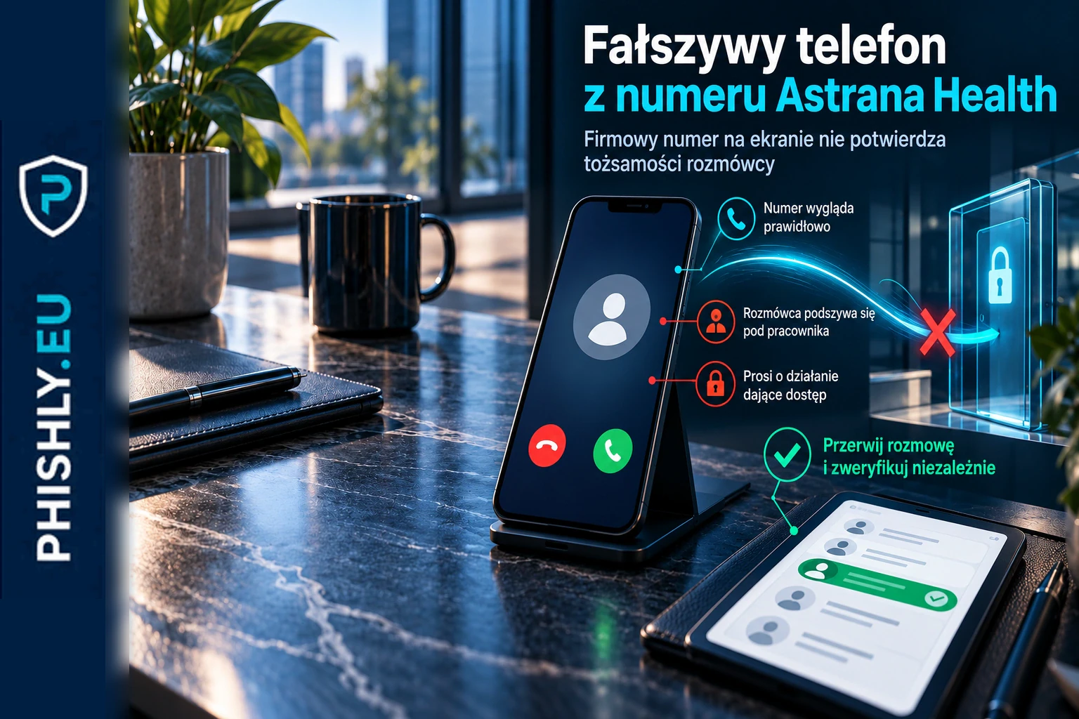 Telefon z firmowym numerem na ekranie prowadzi do próby uzyskania dostępu, którą pracownik zatrzymuje przez niezależną weryfikację