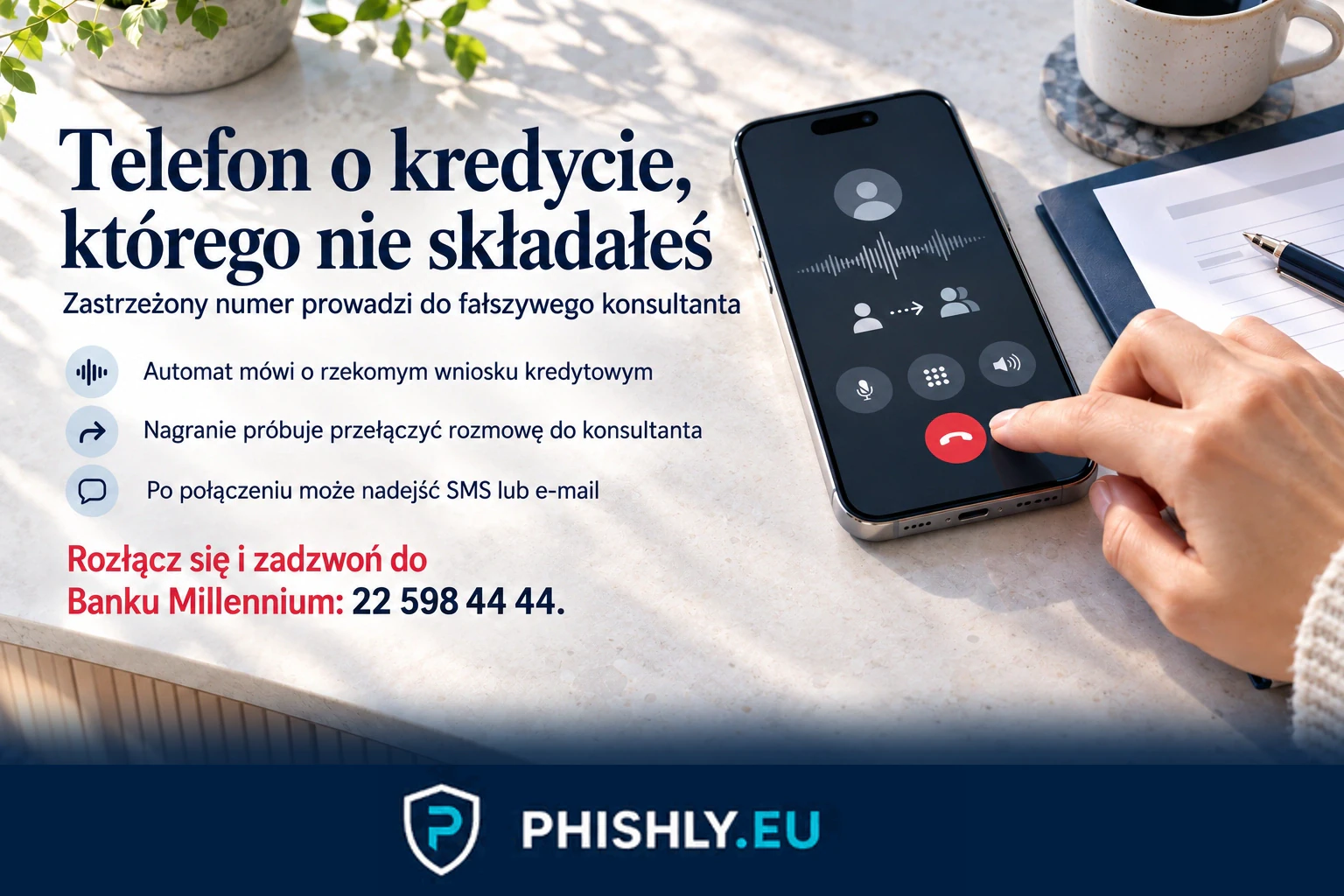 Telefon z zastrzeżonego numeru uruchamia nagranie o rzekomym wniosku kredytowym i próbę przełączenia do fałszywego konsultanta Banku Millennium