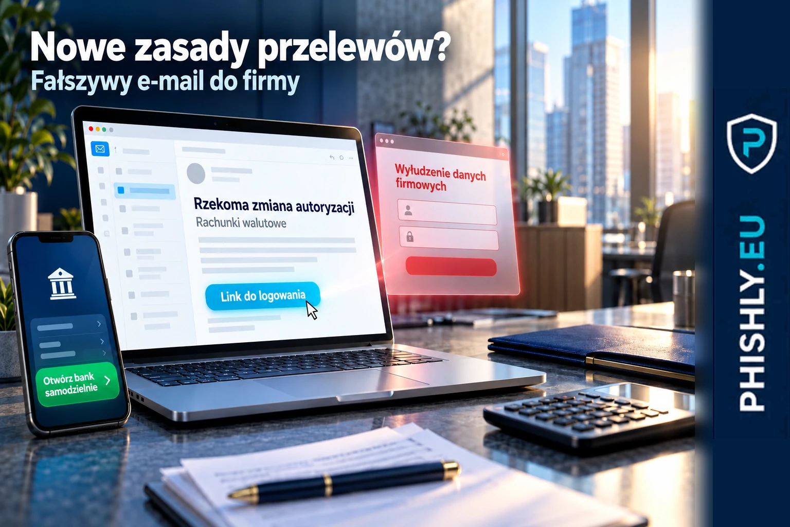 E-mail o rzekomej zmianie autoryzacji przelewów na ekranie służbowego laptopa i ostrzeżenie przed podrobionym formularzem logowania do firmowego banku