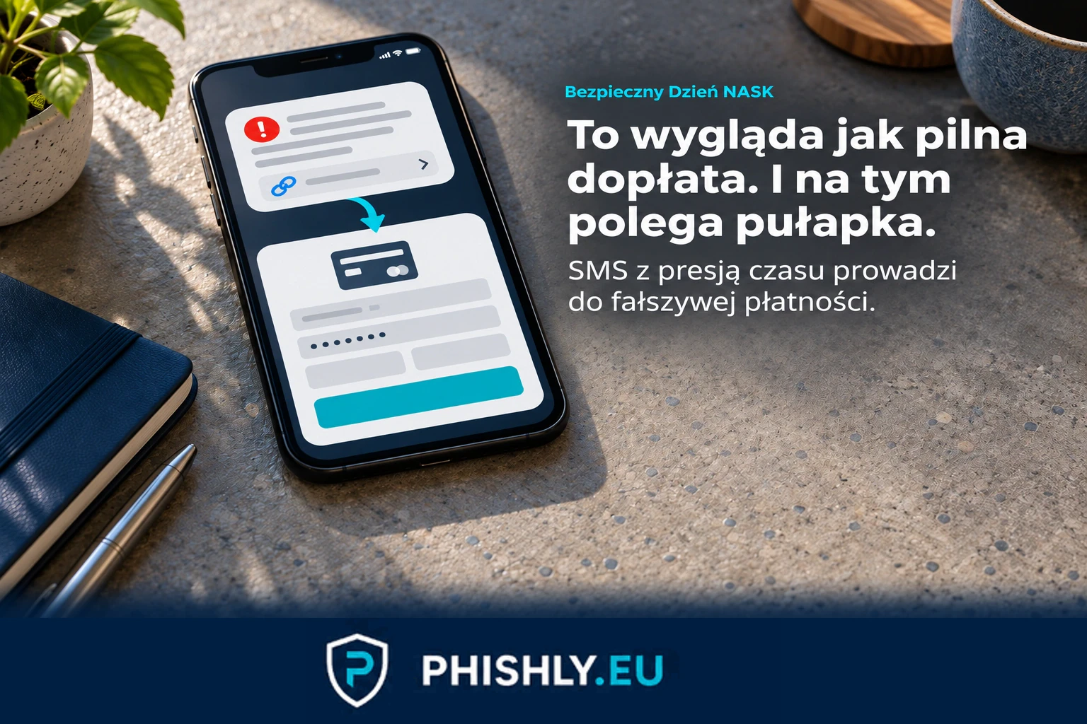Telefon z trzema przynętami z kampanii: niespodziewaną wygraną, promocją „tylko dziś” i pilnym kontaktem rzekomo z banku