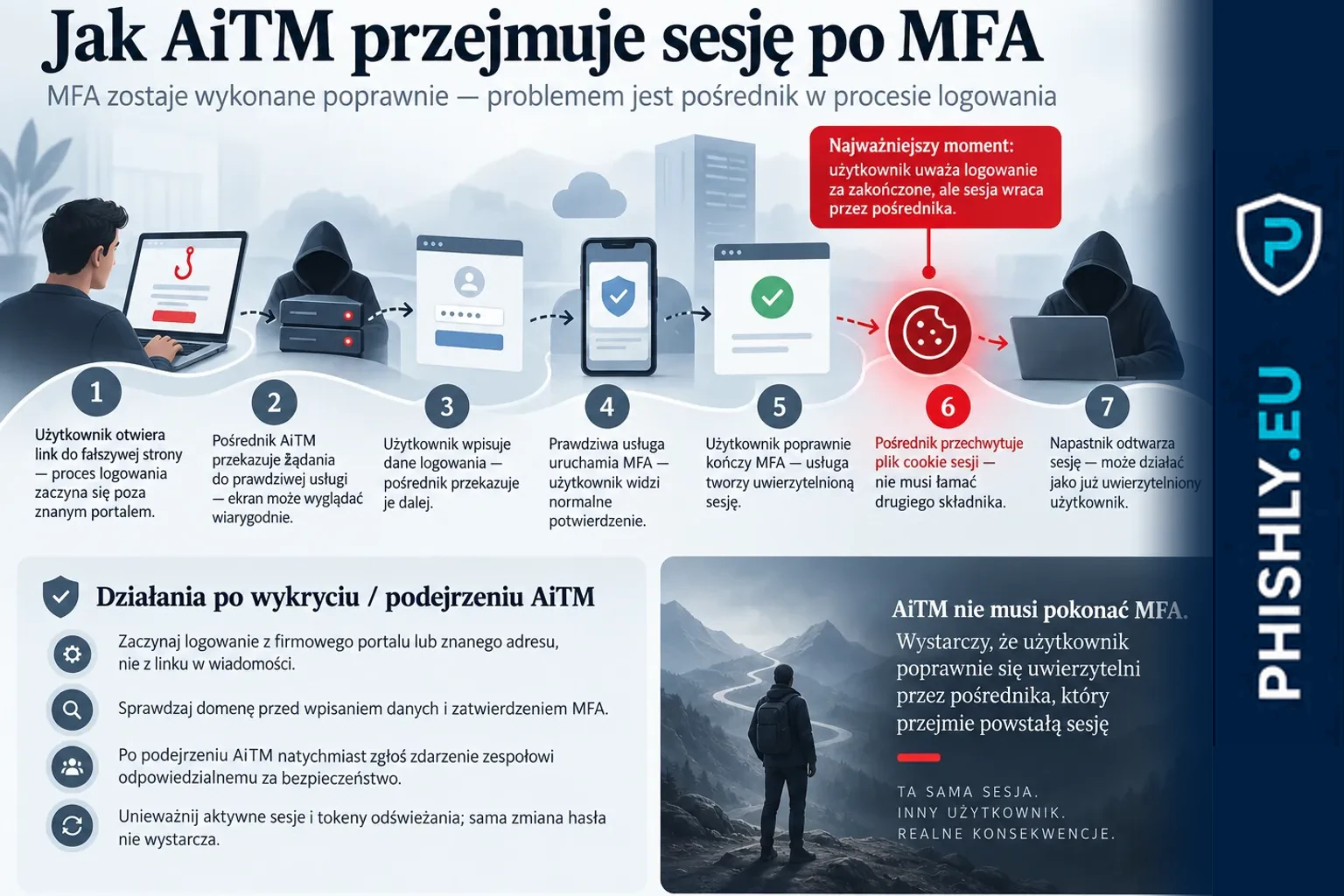 Schemat AiTM pokazujący użytkownika logującego się przez stronę pośrednika, poprawne MFA i przejęcie uwierzytelnionej sesji Microsoft 365