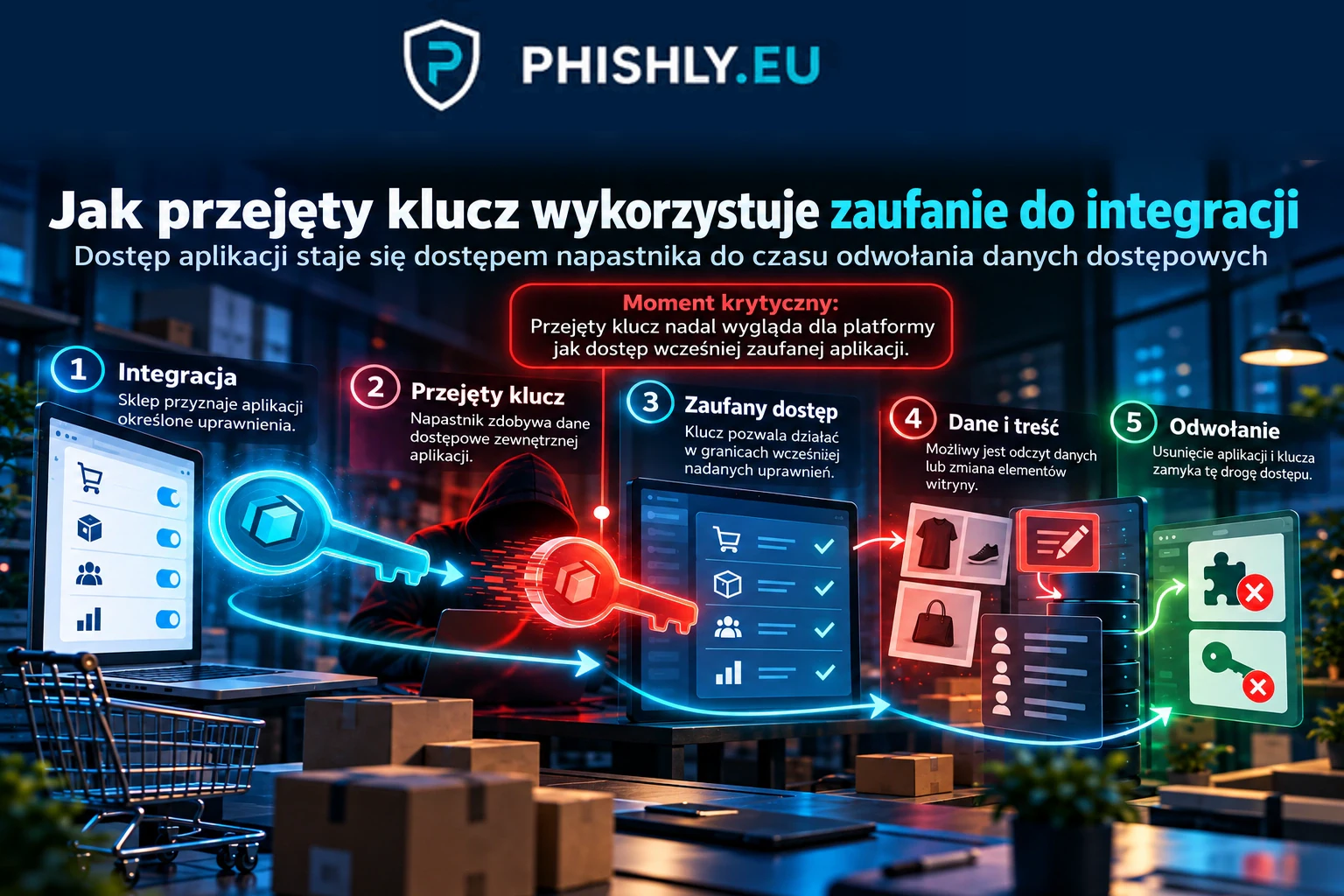 Schemat pokazujący przejęcie klucza aplikacji Ribon, wykorzystanie zaufanych uprawnień w sklepie BigCommerce, dostęp do danych i działania ograniczające incydent