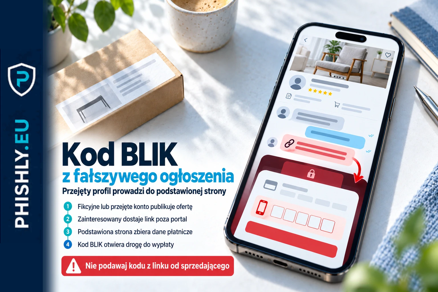 Smartfon z fałszywym ogłoszeniem i linkiem do podstawionej strony żądającej kodu BLIK