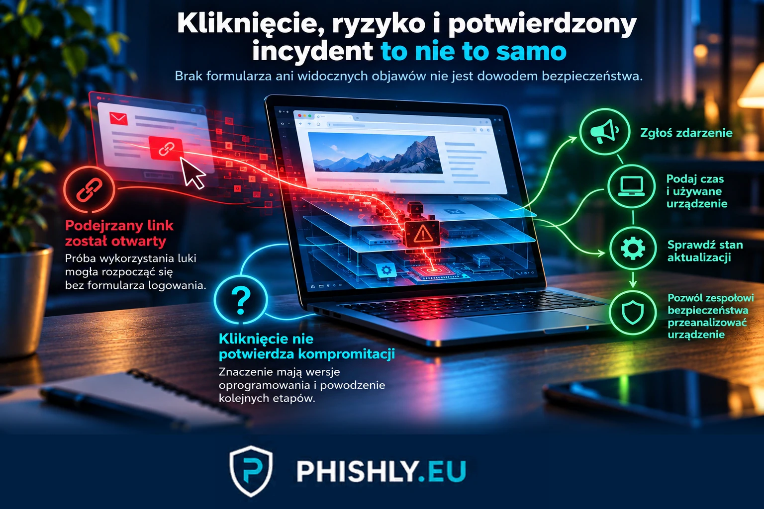 Schemat pokazujący przejście od ukierunkowanej wiadomości do zgłoszenia i analizy urządzenia