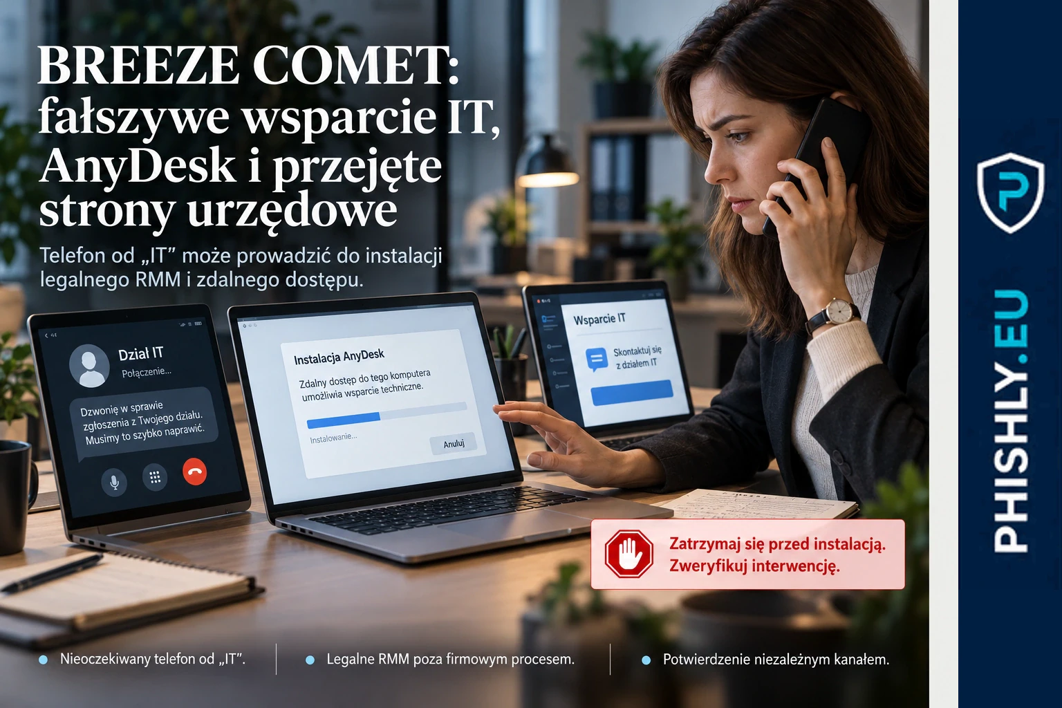 Pracownik otrzymuje nieoczekiwany telefon od osoby podszywającej się pod wsparcie IT, podczas gdy na ekranie widoczna jest prośba o instalację narzędzia zdalnego dostępu