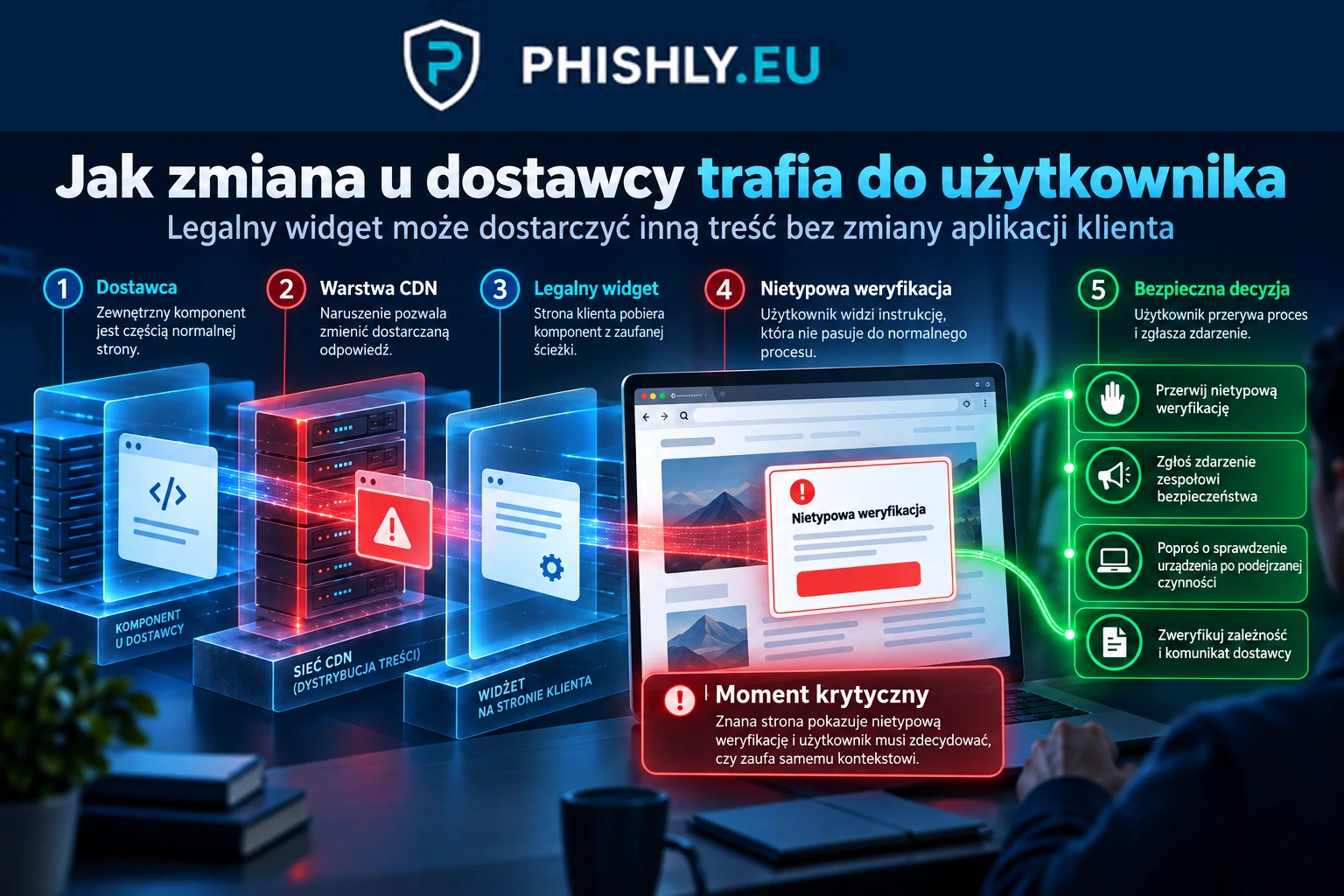 Schemat pokazujący zmianę na warstwie CDN, legalny widget na stronie klienta, fałszywą weryfikację i bezpieczny punkt przerwania procesu