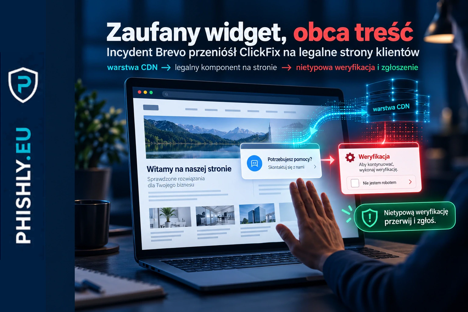 Zaufana strona z osadzonym widgetem przechodzi w fałszywą weryfikację po zmianie treści na warstwie CDN dostawcy