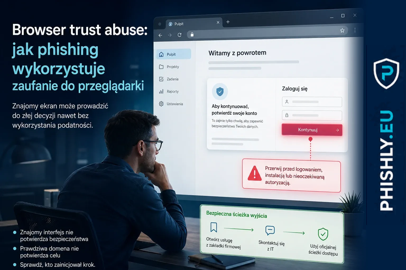 Pracownik widzi w przeglądarce znajomy ekran logowania i komunikat bezpieczeństwa, które mogą prowadzić do fałszywej lub nadużytej ścieżki uwierzytelniania