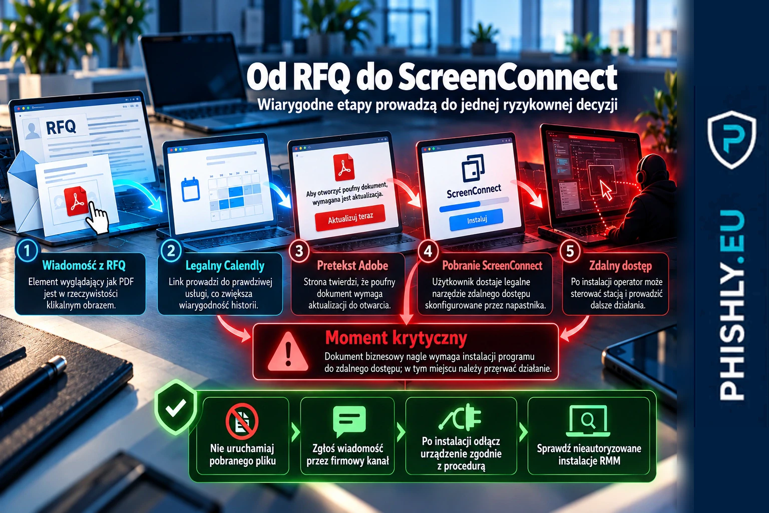 Schemat kampanii: fałszywy RFQ w wiadomości, przejście do legalnego Calendly, pretekst aktualizacji Adobe, pobranie ScreenConnect i uzyskanie zdalnego dostępu