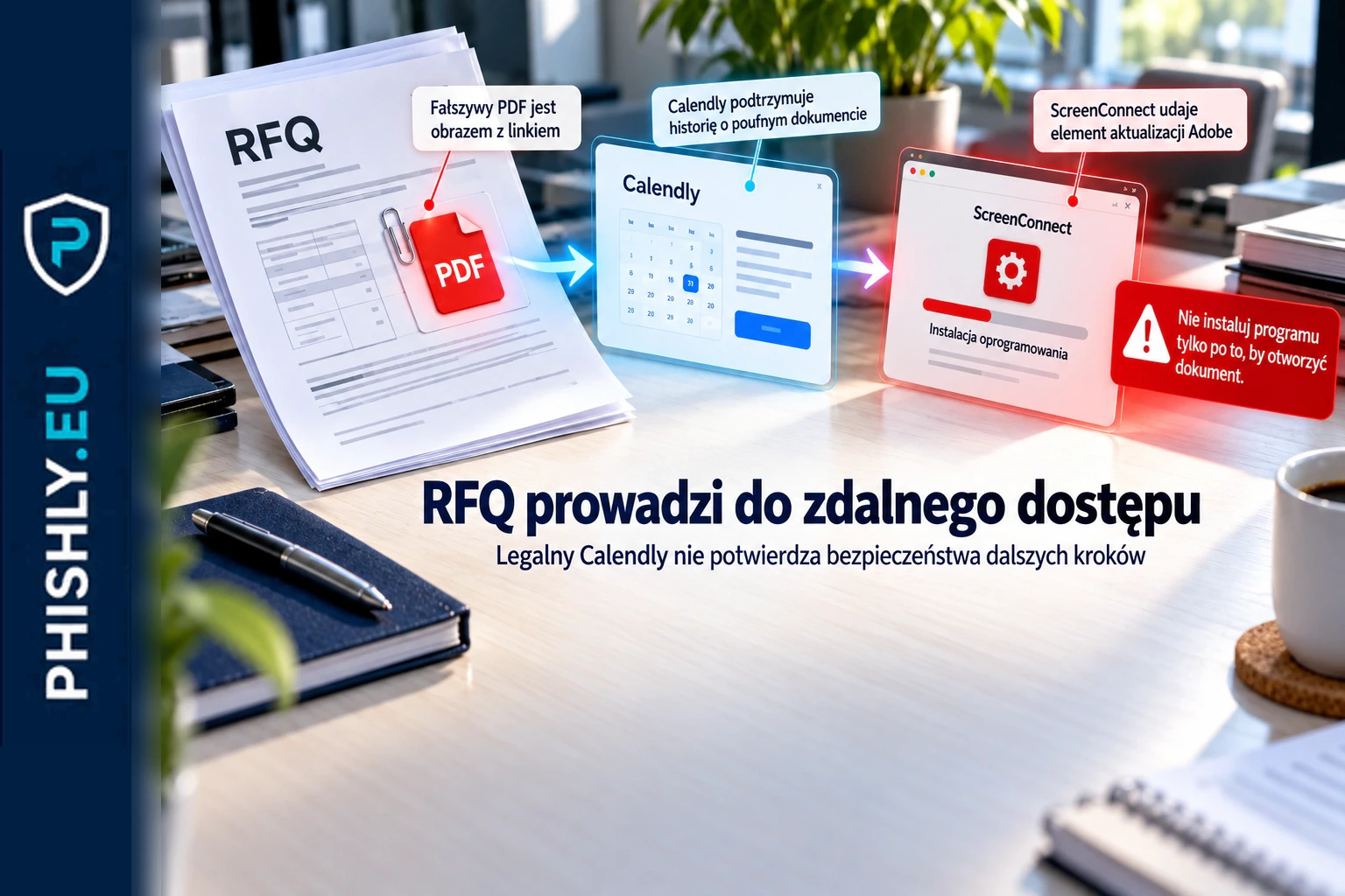 Fałszywy dokument RFQ prowadzący przez legalną stronę rezerwacji do pobrania narzędzia zdalnego dostępu ScreenConnect