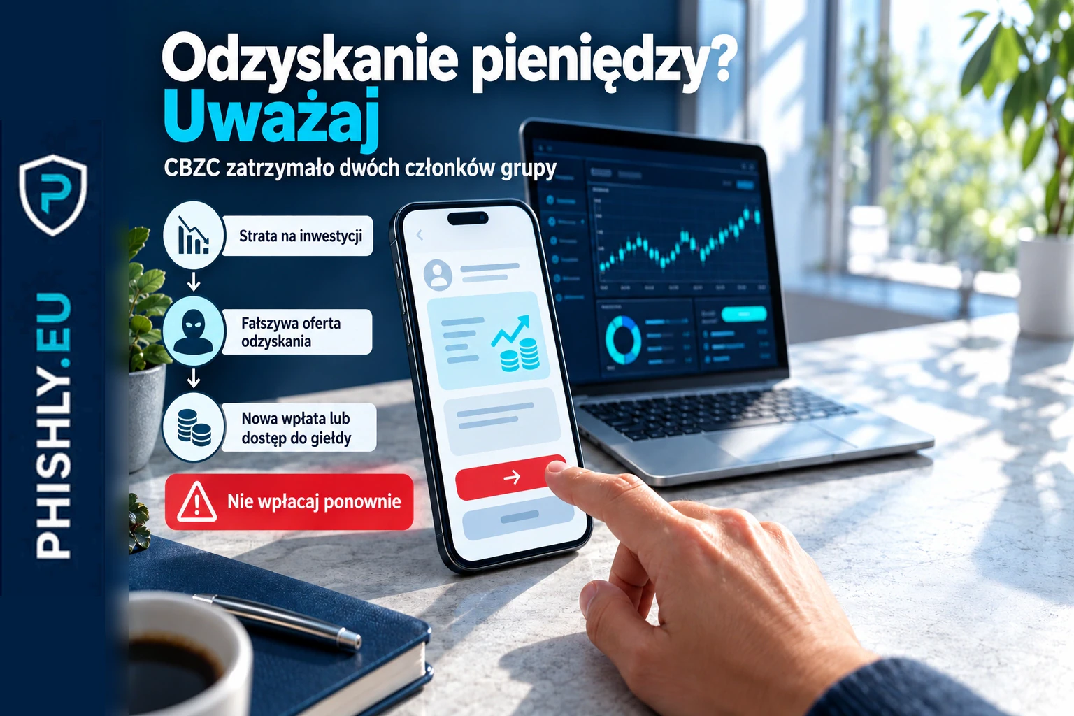 Ilustracja telefonu z obietnicą odzyskania strat inwestycyjnych, wezwaniem do kolejnej wpłaty i ekranem giełdy kryptowalut