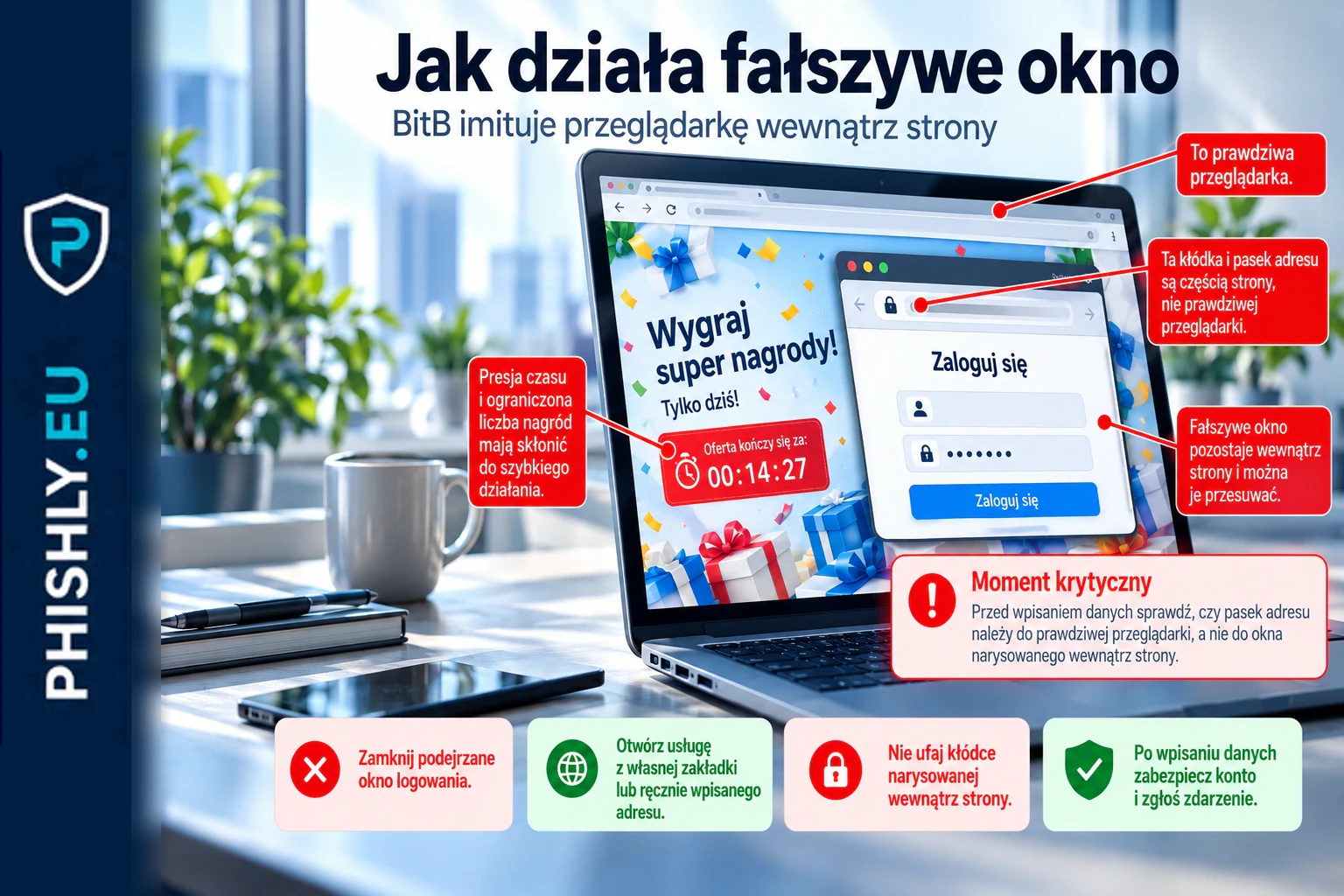 Schemat kampanii: fałszywy giveaway Claude Max prowadzi do podrobionego okna Google, w którym pasek adresu jest elementem strony