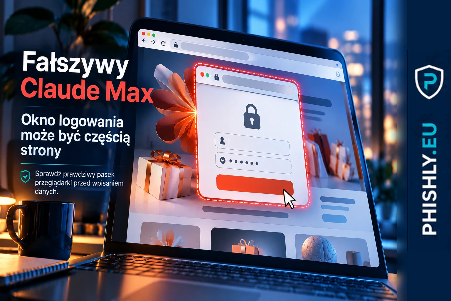 Fałszywa oferta Claude Max wyświetla wewnątrz strony podrobione okno logowania Google z imitacją paska adresu