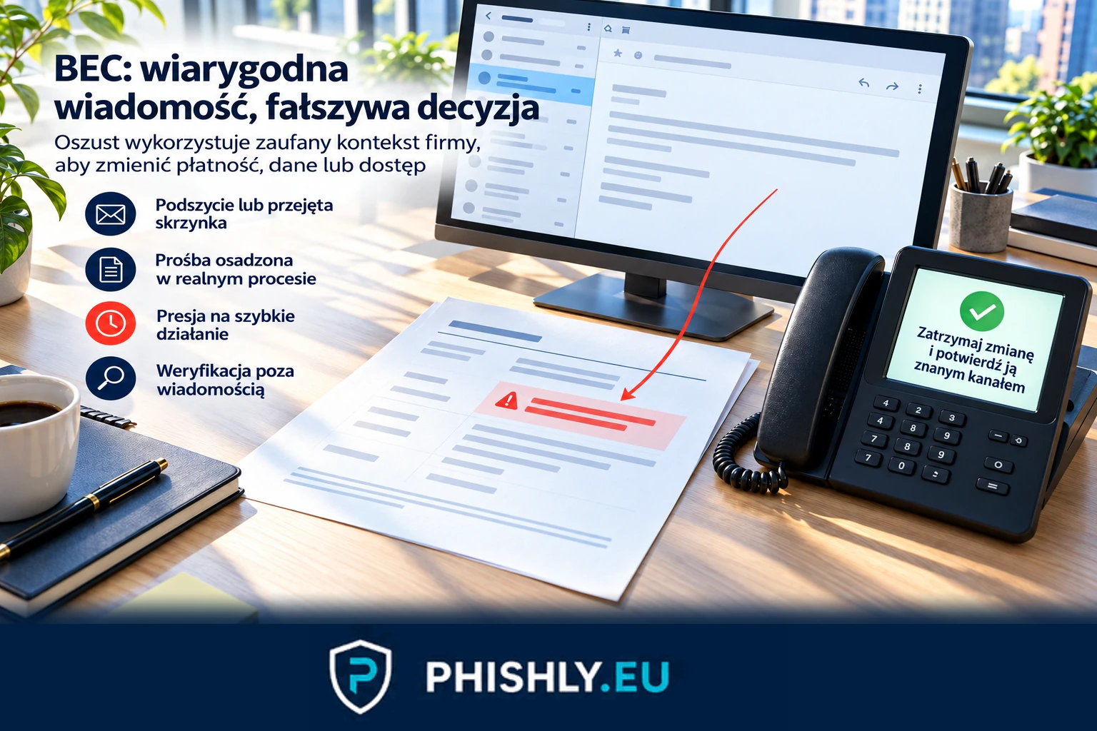 Firmowa wiadomość o zmianie płatności zatrzymana przed przelewem przez niezależne potwierdzenie z kontrahentem