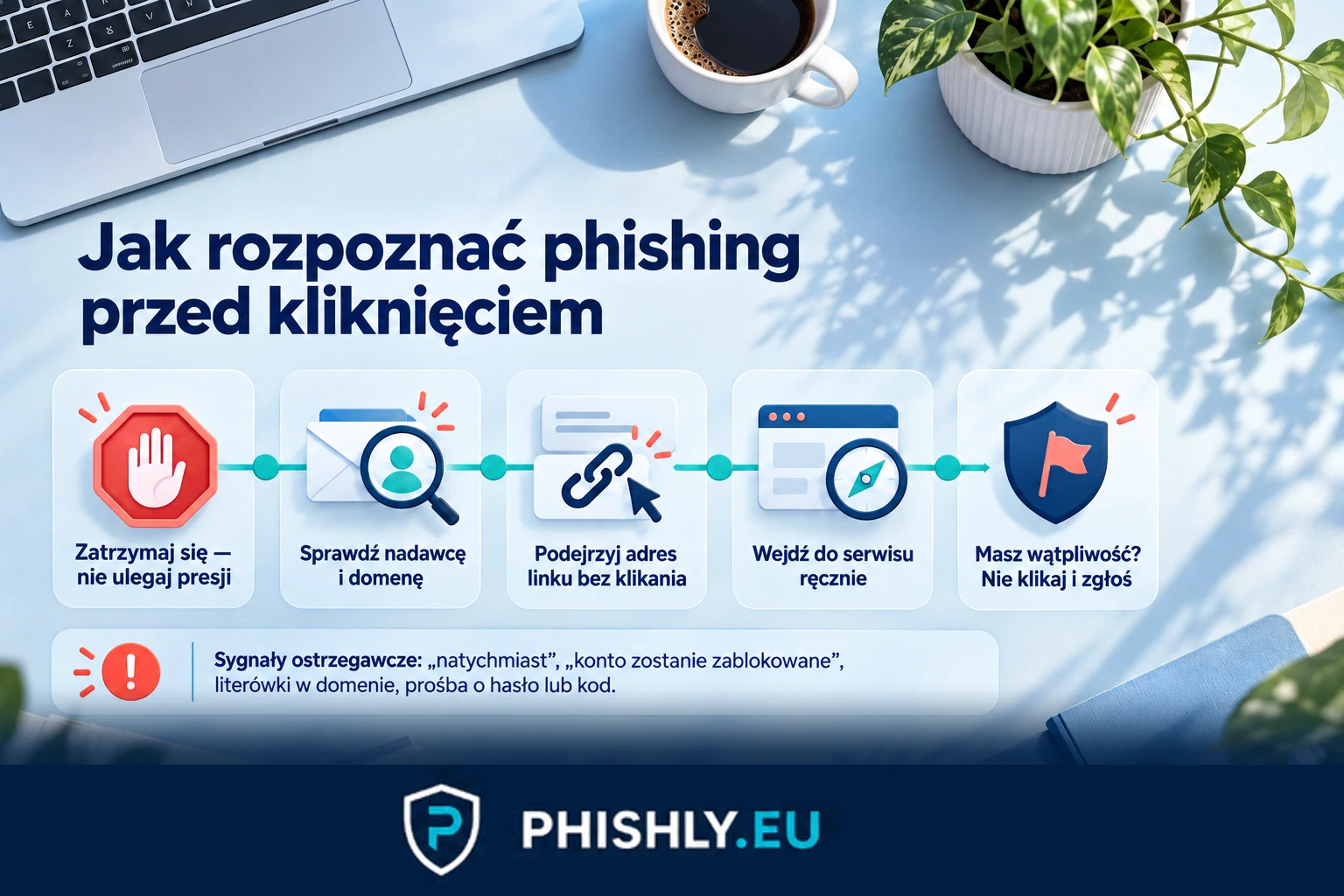 Schemat phishingu od wiarygodnej przynęty przez presję i ryzykowną prośbę do niezależnej weryfikacji