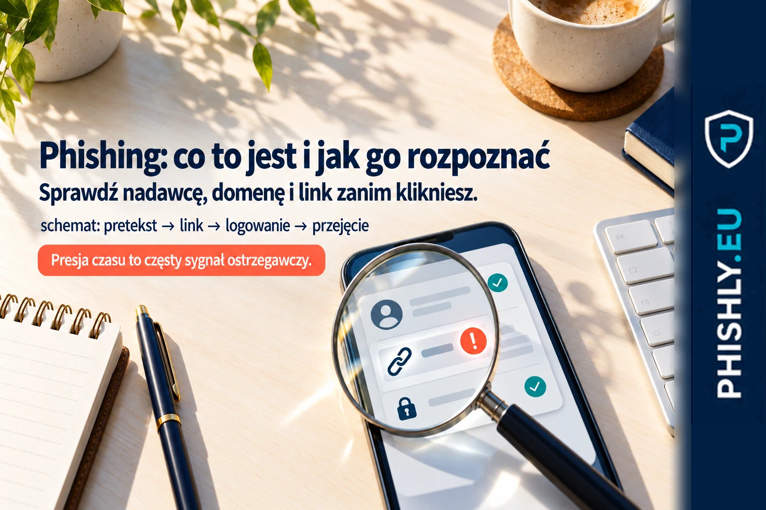 Osoba przy laptopie zatrzymuje się przed kliknięciem w fałszywe powiadomienie prowadzące do strony logowania