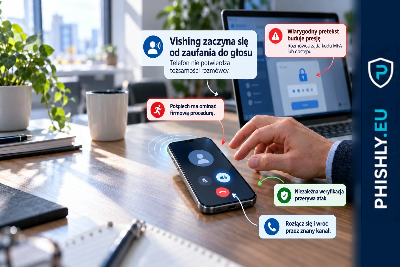 Pracownik odbiera telefon od fałszywego konsultanta IT, który próbuje wymusić kod MFA i zdalny dostęp