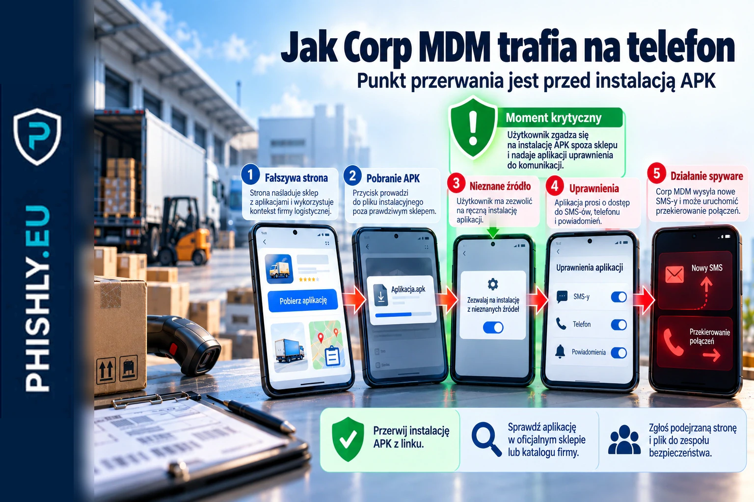 Schemat ataku Corp MDM: fałszywa strona Google Play prowadzi do instalacji APK, nadania uprawnień oraz przechwytywania nowych SMS i przekierowania połączeń