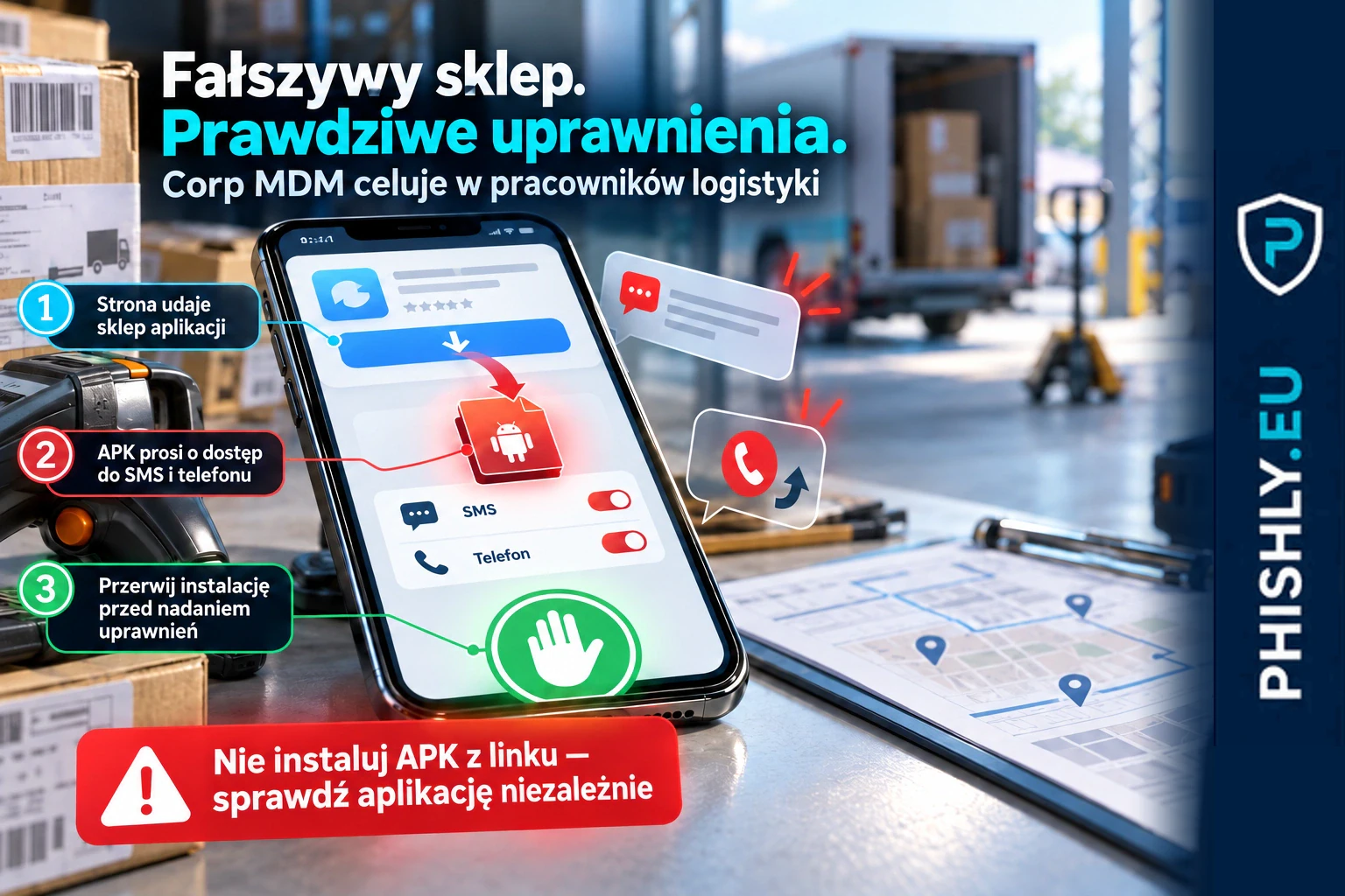 Telefon z fałszywą stroną Google Play prowadzącą do instalacji Corp MDM, z ostrzeżeniem przed przechwytywaniem SMS i przekierowaniem połączeń