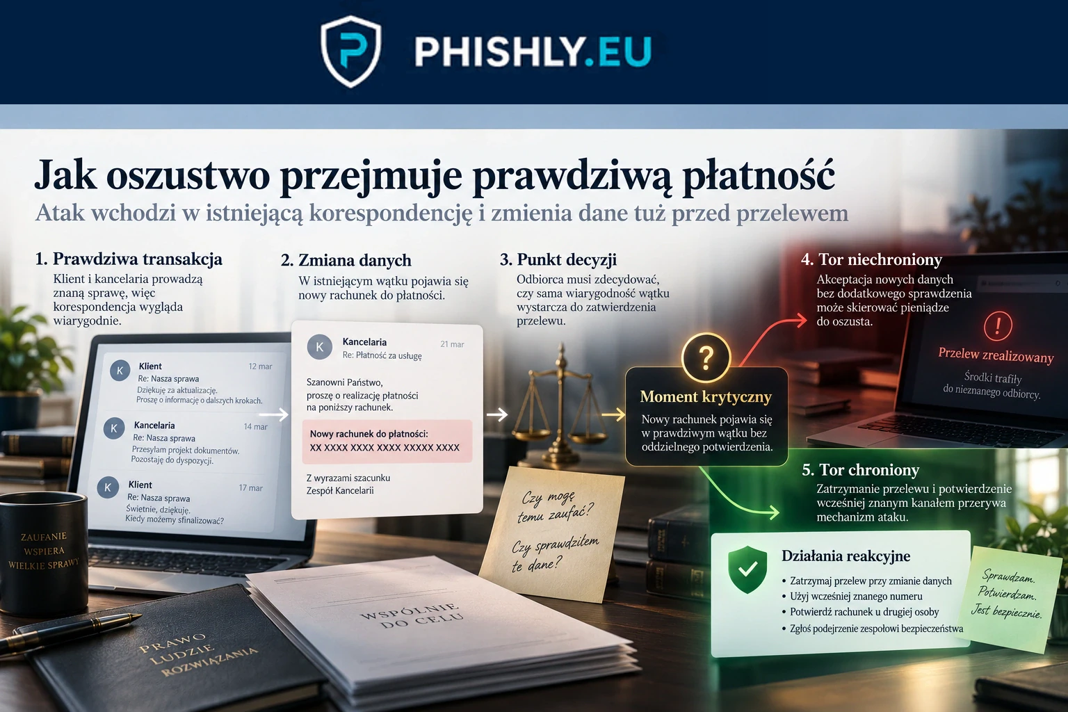 Schemat pokazujący przejęcie kanału korespondencji, podmianę danych rachunku i niezależną weryfikację przed przelewem