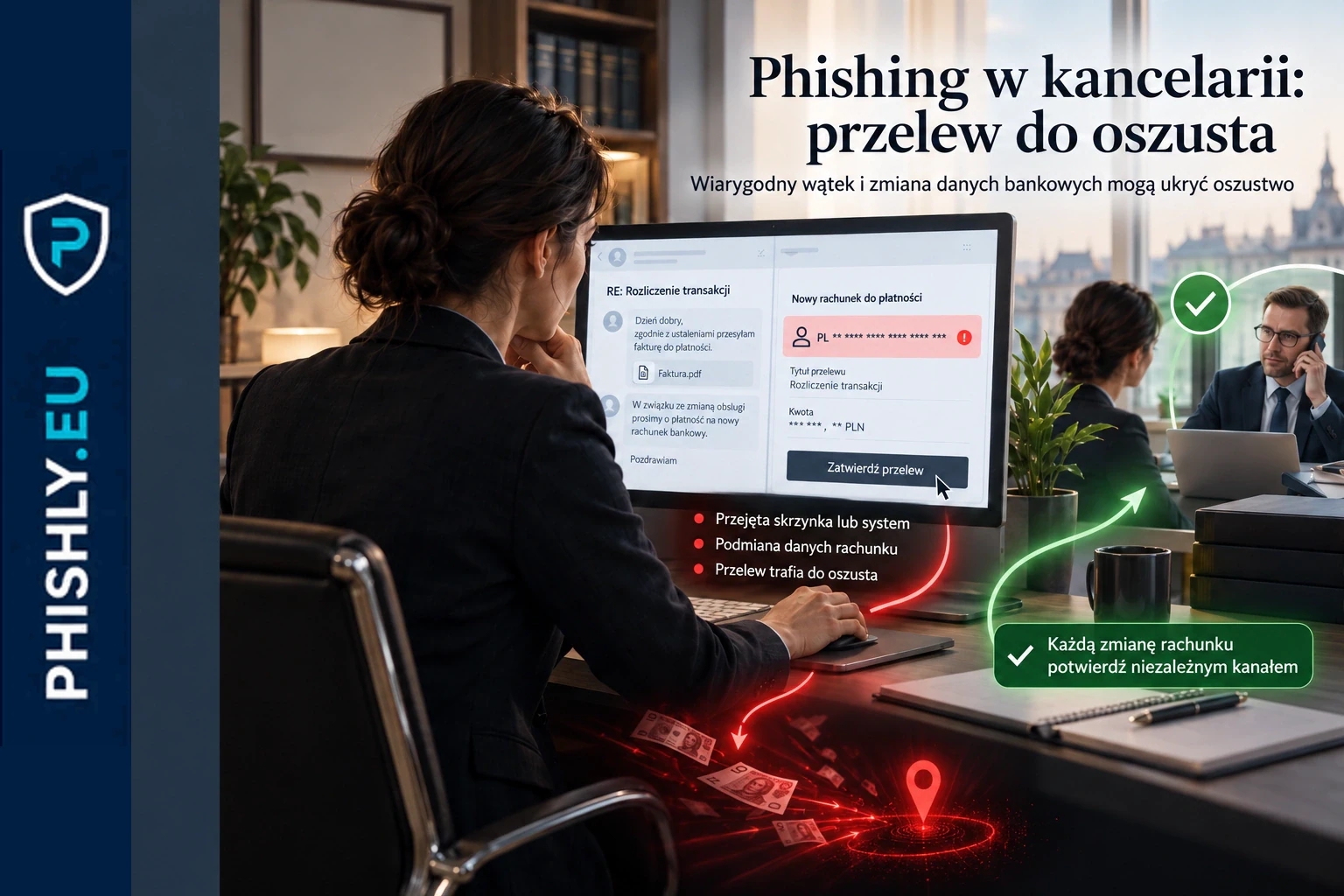 Pracownik porównuje nowe dane rachunku z wcześniejszą korespondencją przed zatwierdzeniem przelewu w sprawie notarialnej