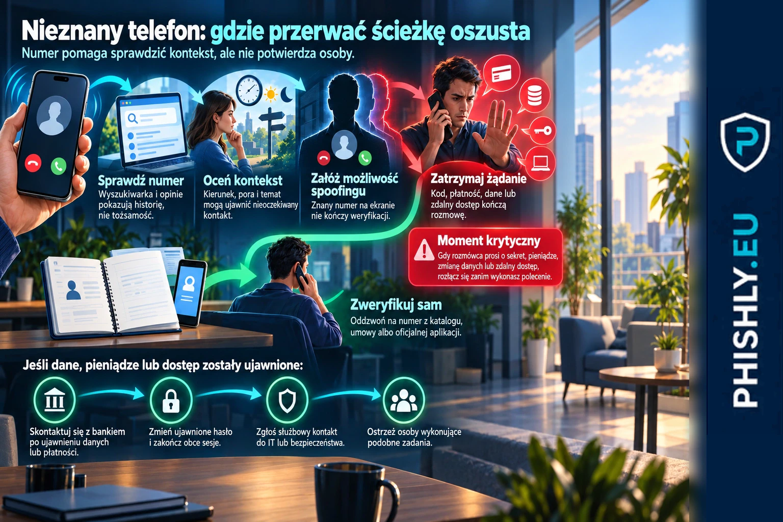 Schemat weryfikacji nieznanego telefonu: od sprawdzenia numeru przez rozpoznanie spoofingu i żądania rozmówcy do rozłączenia, oddzwonienia znanym kanałem i reakcji po błędzie