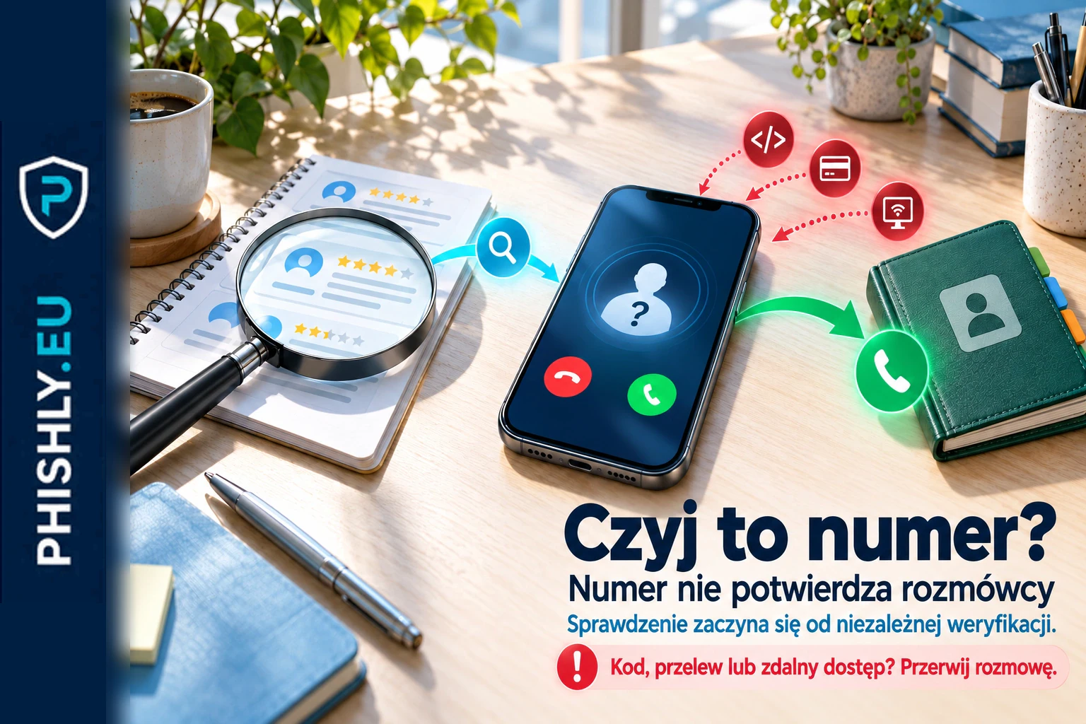 Nieznany numer na ekranie telefonu zestawiony z bezpieczną ścieżką: sprawdzeniem opinii, rozłączeniem i oddzwonieniem na znany numer