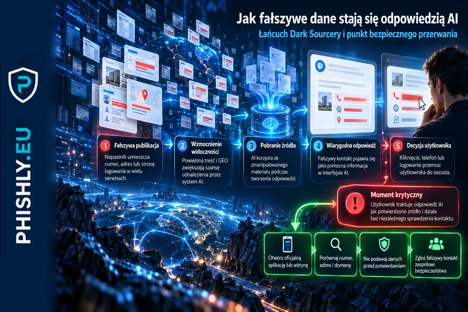 Schemat pokazujący publikację fałszywych danych, ich przejęcie przez źródła AI, pojawienie się w odpowiedzi oraz niezależną weryfikację przez użytkownika