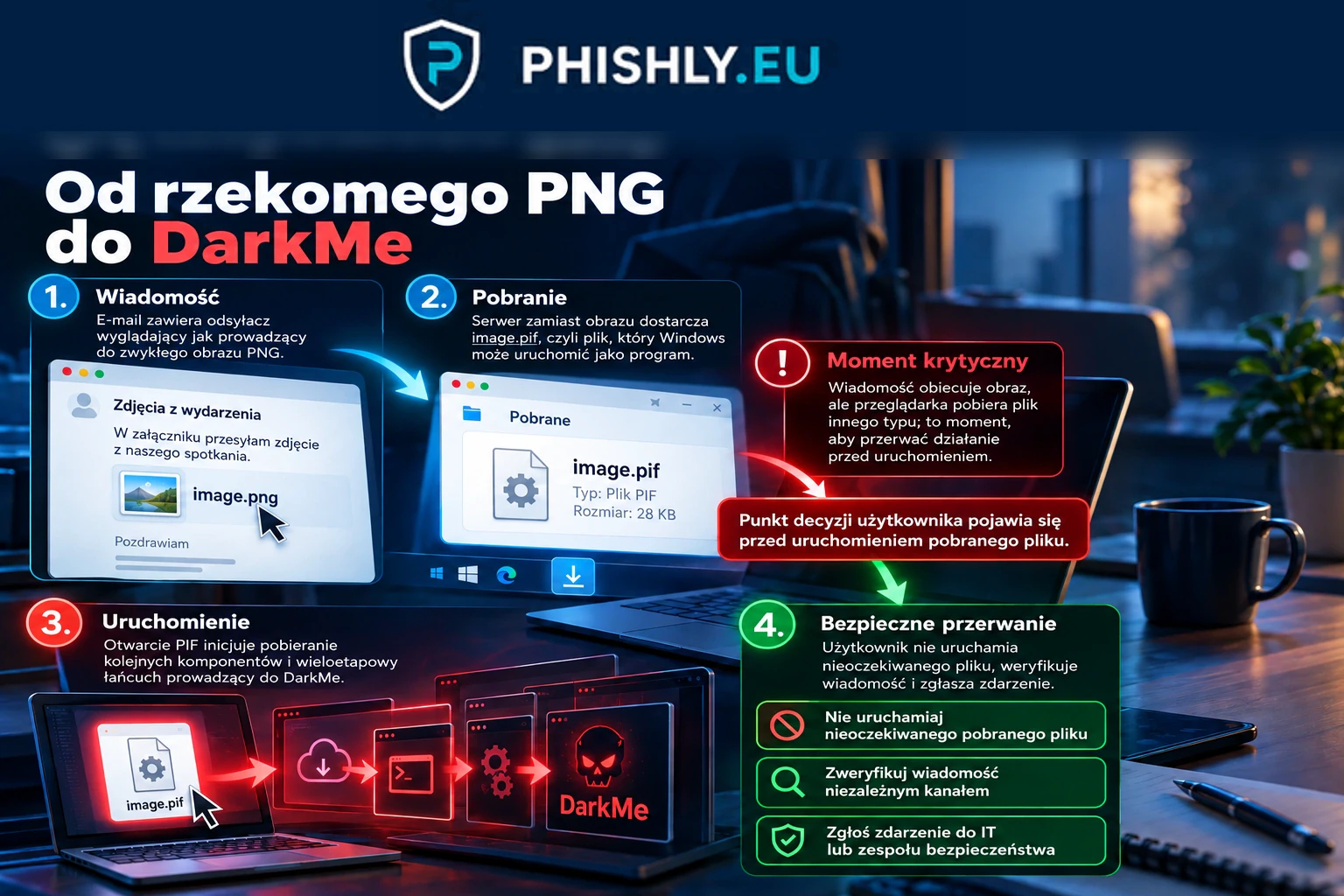 Schemat pokazujący wiadomość z linkiem do rzekomego PNG, pobranie image.pif, uruchomienie łańcucha DarkMe i bezpieczne przerwanie przed otwarciem pliku