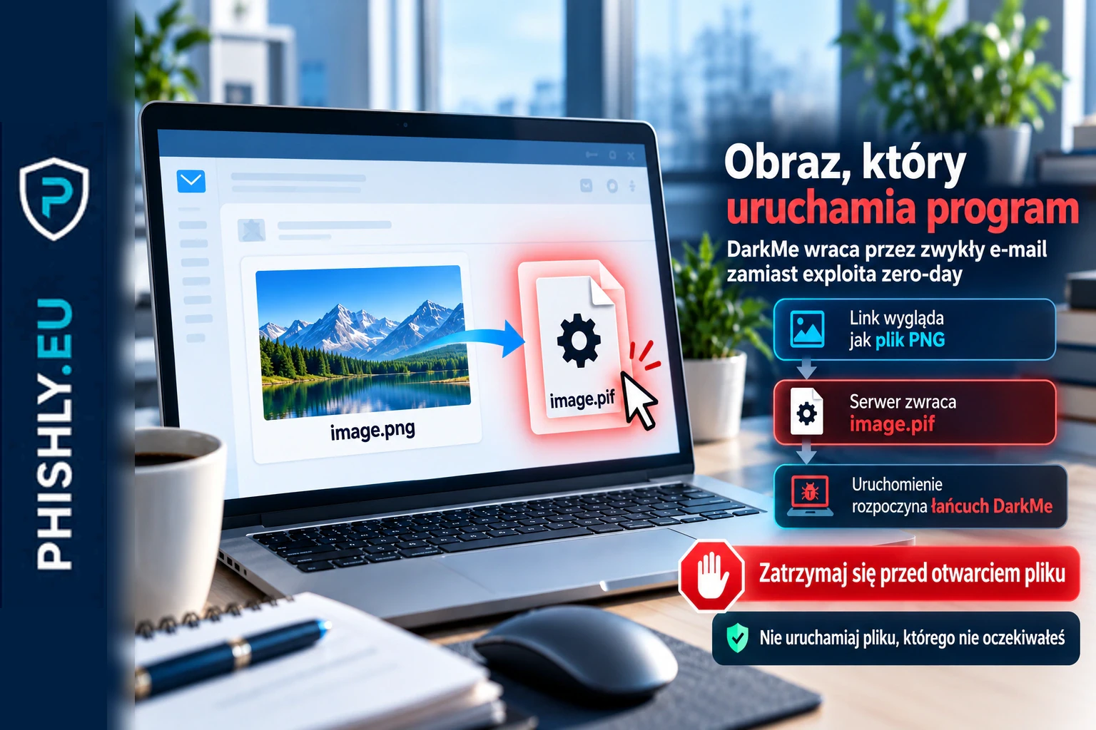 Wiadomość e-mail z odsyłaczem do rzekomego obrazu prowadzi do wykonywalnego pliku PIF i wieloetapowej infekcji DarkMe