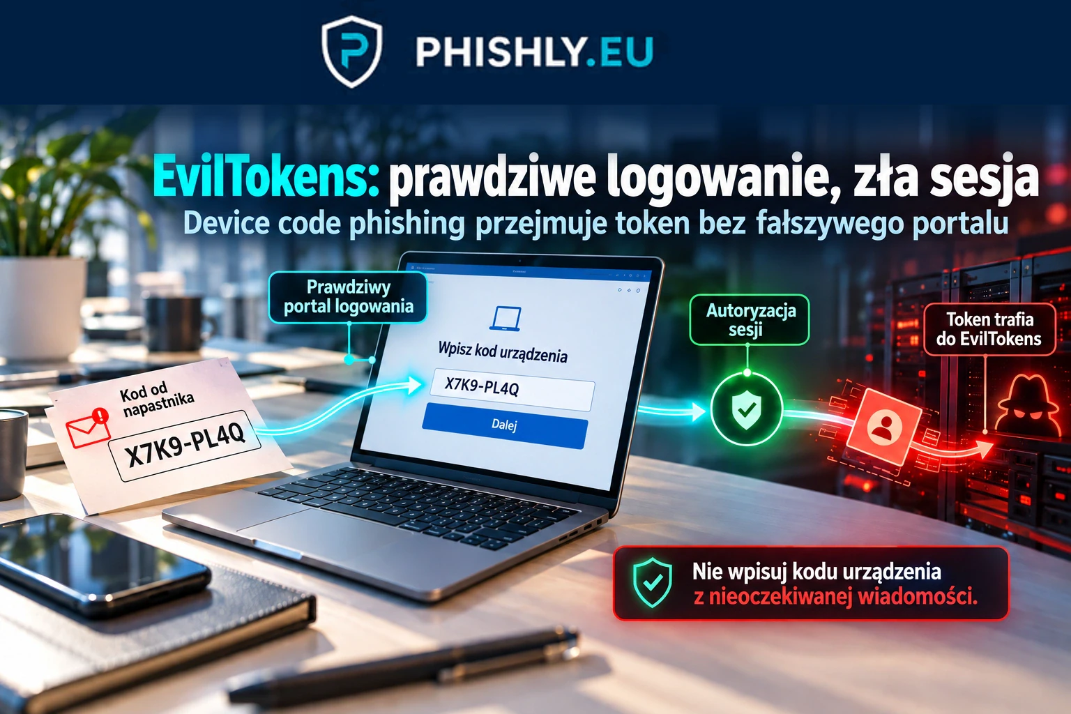 Kod urządzenia prowadzący do prawdziwego logowania Microsoft, za którym działa infrastruktura EvilTokens przejmująca token dostępu