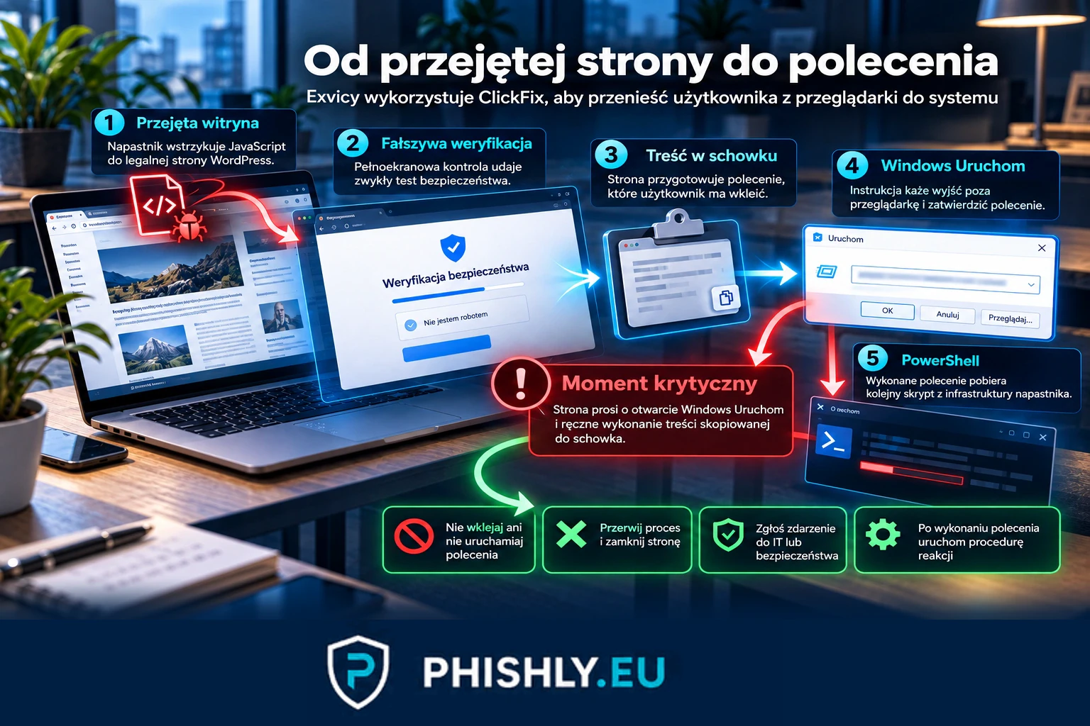 Schemat pokazujący przejętą stronę WordPress, fałszywą weryfikację, polecenie Windows Uruchom i PowerShell oraz bezpieczny moment przerwania ataku.