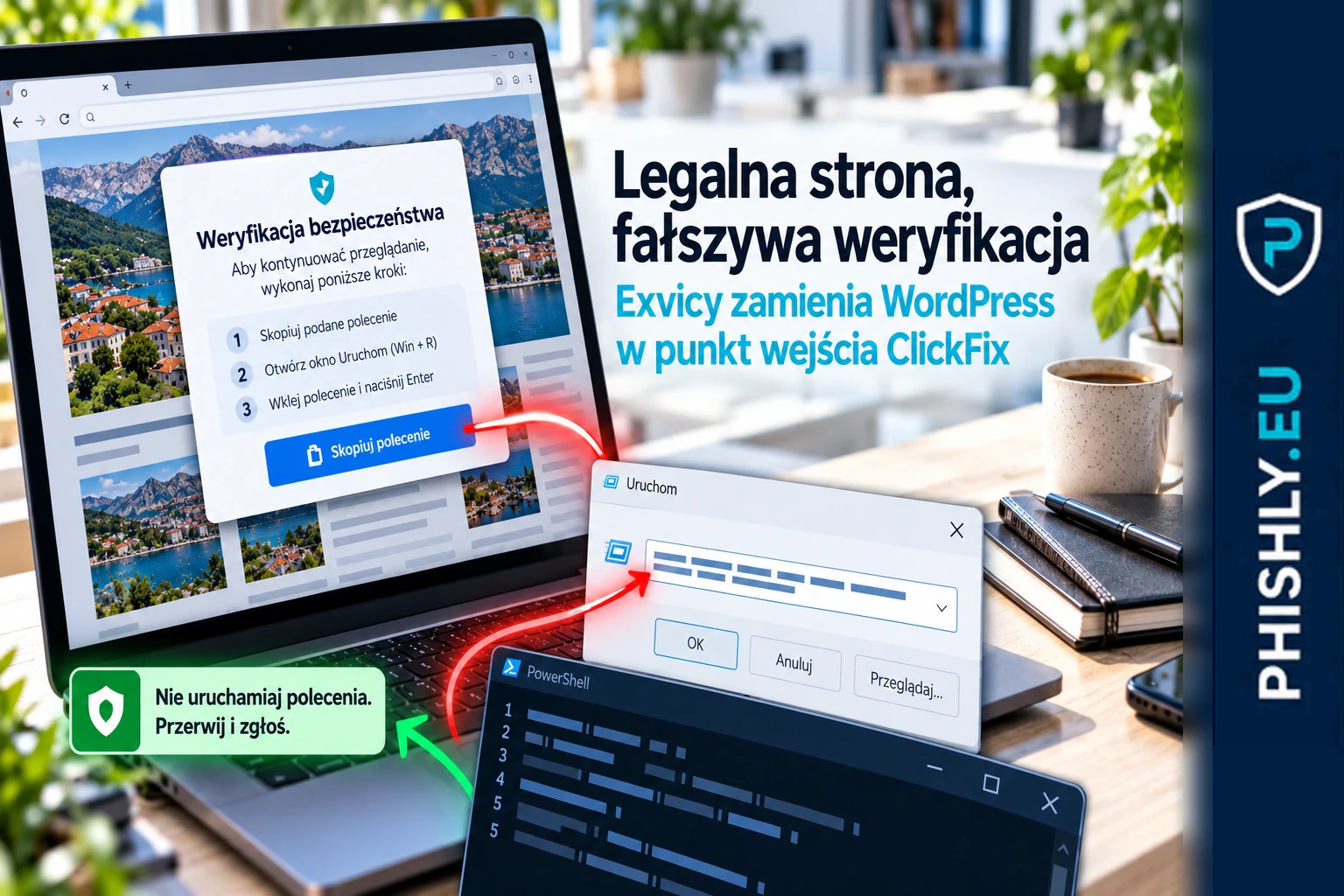 Przejęta strona WordPress wyświetla fałszywą weryfikację, która prowadzi użytkownika do okna Uruchom i wykonania polecenia.