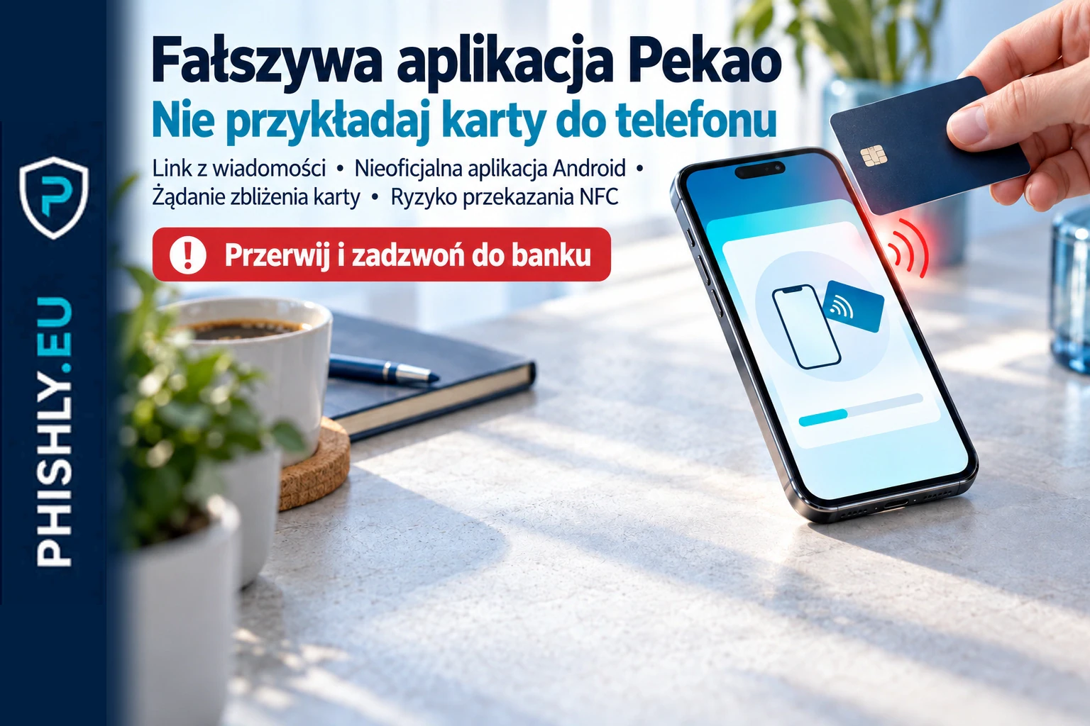 Telefon z fałszywą aplikacją podszywającą się pod Pekao żąda przyłożenia fizycznej karty płatniczej do czytnika NFC